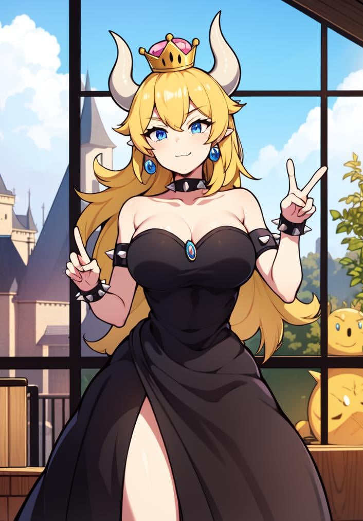 ((masterpiece)), (best quality:1.7), (detailed:1.4), (high res:1.4), 8k, (colorful:1.5), 2d, high resolution, sharped image, 4k, hd, bowsette, (1girl), (solo), blonde hair, blue eyes, spiked brazalets, spiked armlets, spidek choker, super crown, horns, ((white horns)), crown, (pink crown), ponytail, long hair, (middle body), ((thighs)), hands on own face, room, window, clouds, sun, sky, clouds, earrings, blue earrings, chest ornament, ((black dress)), furniture, plants, decoration, ((castle)), (fluffy dress), (curvy body), standing, long dress, smug, closed mouth, (strapless), ((peace symbol))