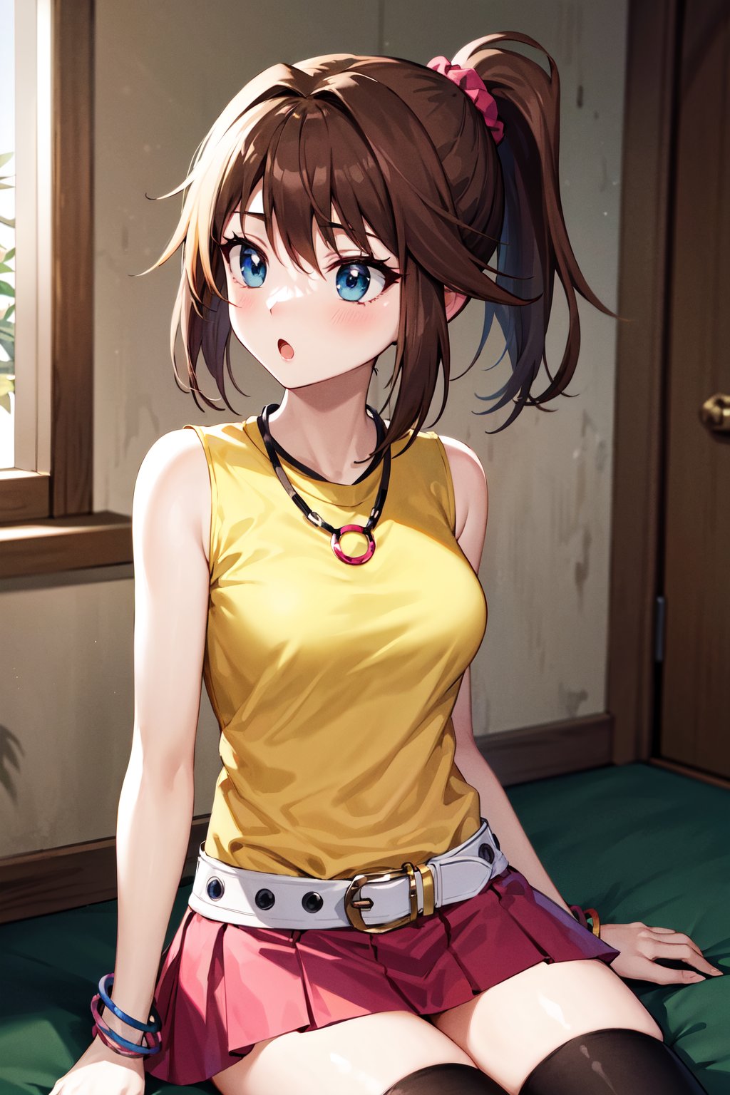 masterpiece, best quality, highres, bbmazaki, ponytail, hair scrunchie, necklace, yellow shirt, sleeveless, bracelet, belt, miniskirt, pink skirt, black thighhighs, <lora:mazaki_anzu_v1:0.7>, indoors, sitting, :o,