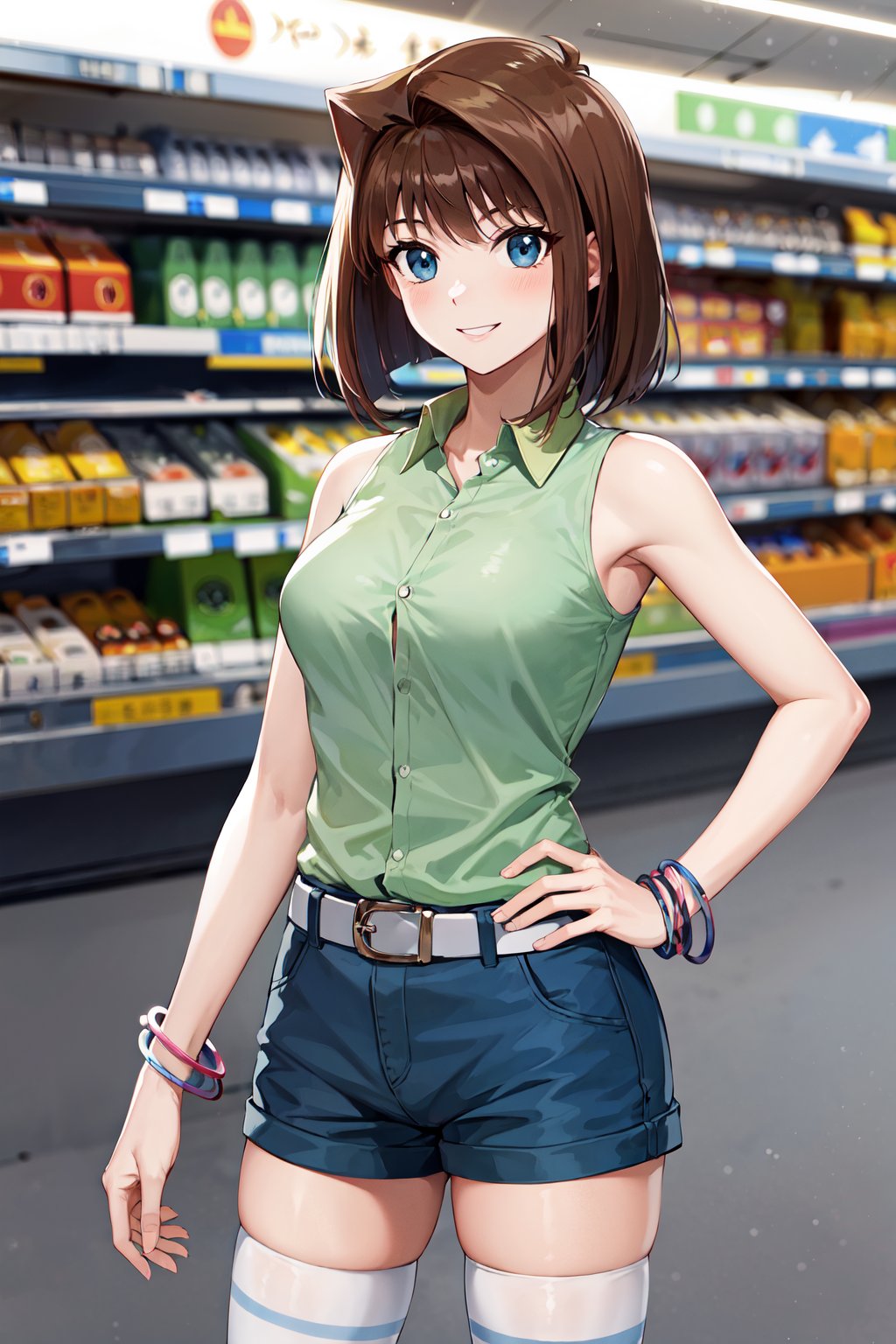 masterpiece, best quality, highres, aamazaki, (antenna hair:1.2), medium breasts, green shirt, sleeveless, bracelet, belt, blue shorts, white thighhighs, <lora:mazaki_anzu_v1:0.7>, cowboy shot, standing, outdoors, smile, hand on hip, supermarket, 