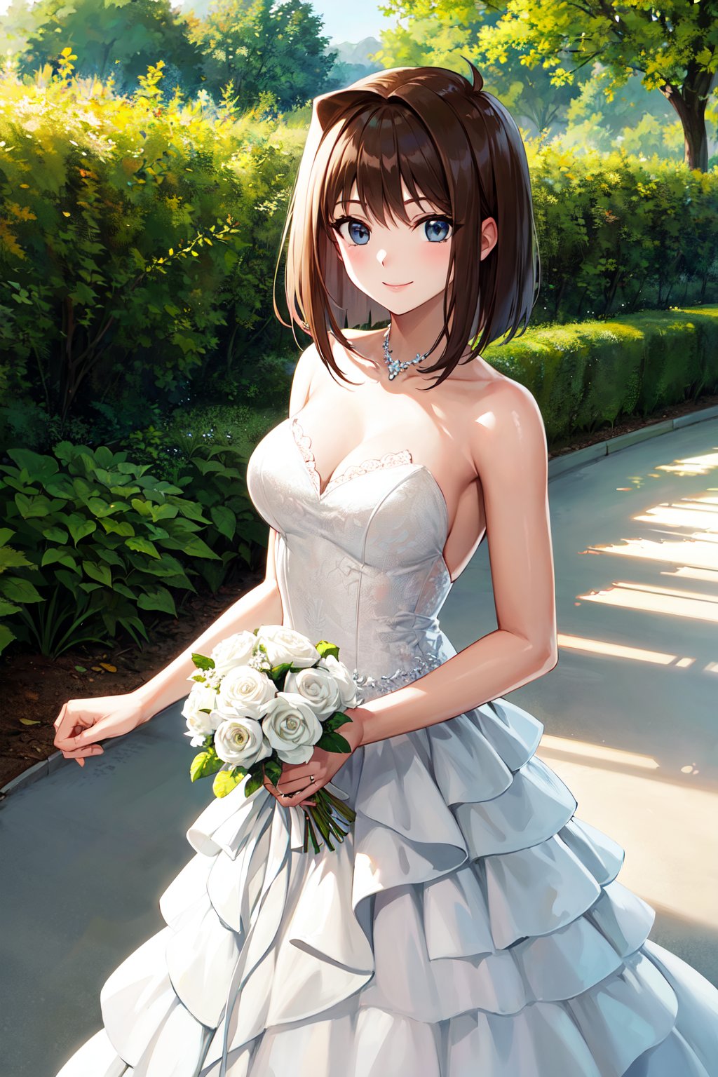 masterpiece, best quality, highres, aamazaki, (antenna hair:1.2), medium breasts, <lora:mazaki_anzu_v1:0.7>, wedding dress, garden, smile, standing, cowboy shot