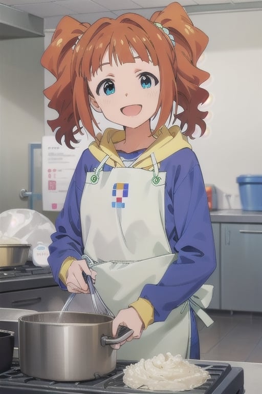 (((pixel-perfect, detail-perfect))), solo, 1girl, yayoi takatsuki, hoodie, apron, looking at viewer, smile, :d,yayoi takatsuki