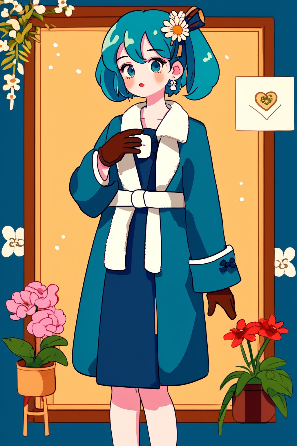 masterpiece, best quality, extremely detailed, detailed face, BREAK 1girl, hatsune miku, gloves, solo, flower, handbag, hair ornament, jewelry, makeup, dress, bow, hair flower, blue eyes, hair bow, earrings, sash, white flower, polka dot, daisy, jacket, coat, lipstick, ringlets, short hair, ribbon, feet out of frame, eyeshadow, long sleeves, yellow jacket, flower earrings, brown gloves, open clothes, retro artstyle, retro fashion, <lora:aha128dim-epoch-000010:0.6> <lora:lohaguihuagaobig-epoch-000004:0.4> <lora:shanzhagao64dim-epoch-000010:0.25> <lora:fruit:0.8>