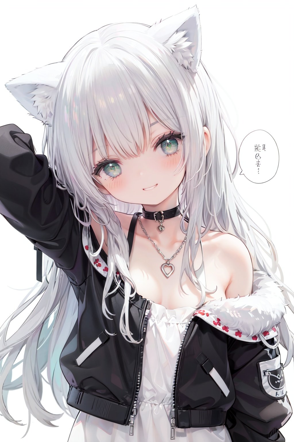 1girl,  solo,  green eyes,  smile,  long hair,  cat ears,  looking at viewer,  animal ears,  white background,  simple background,  bangs,  silver hair,  upper body,  speech bubble,  jacket,  black jacket,  head tilt,  bare shoulders,  eyebrows visible through hair,  off shoulder,  half-closed eyes,  grin,  arm up,  collarbonereflection light