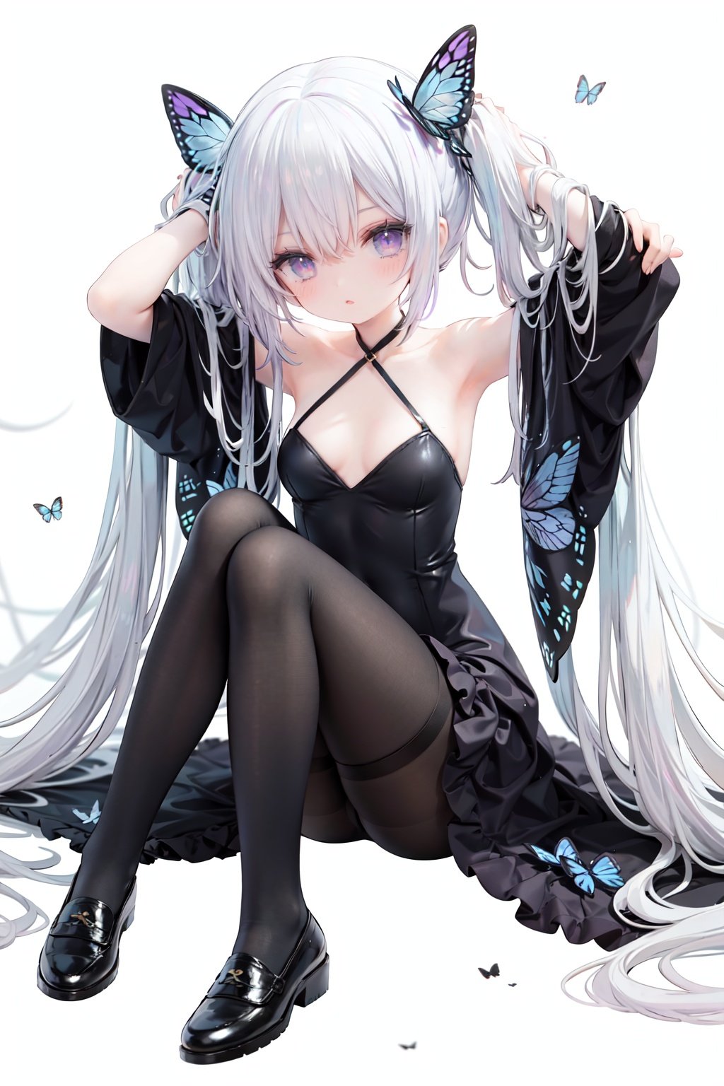 masterpiece, ((best quality)),  dynamic angle, chromatic aberration, ((colorful)),1girl, long hair, solo, very long hair, butterfly, pantyhose, bug, thigh strap, black dress, dress, looking at viewer, white hair, black footwear, blue butterfly, blue eyes, long sleeves, breasts, twintails, detached sleeves, absurdly long hair, bangs, full body, hair ornament, wide sleeves, brown pantyhose, blush, sitting, white background, butterfly hair ornament, small breasts, closed mouth, shoes, purple eyes, black pantyhose, hair between eyes, arms up, covered navel