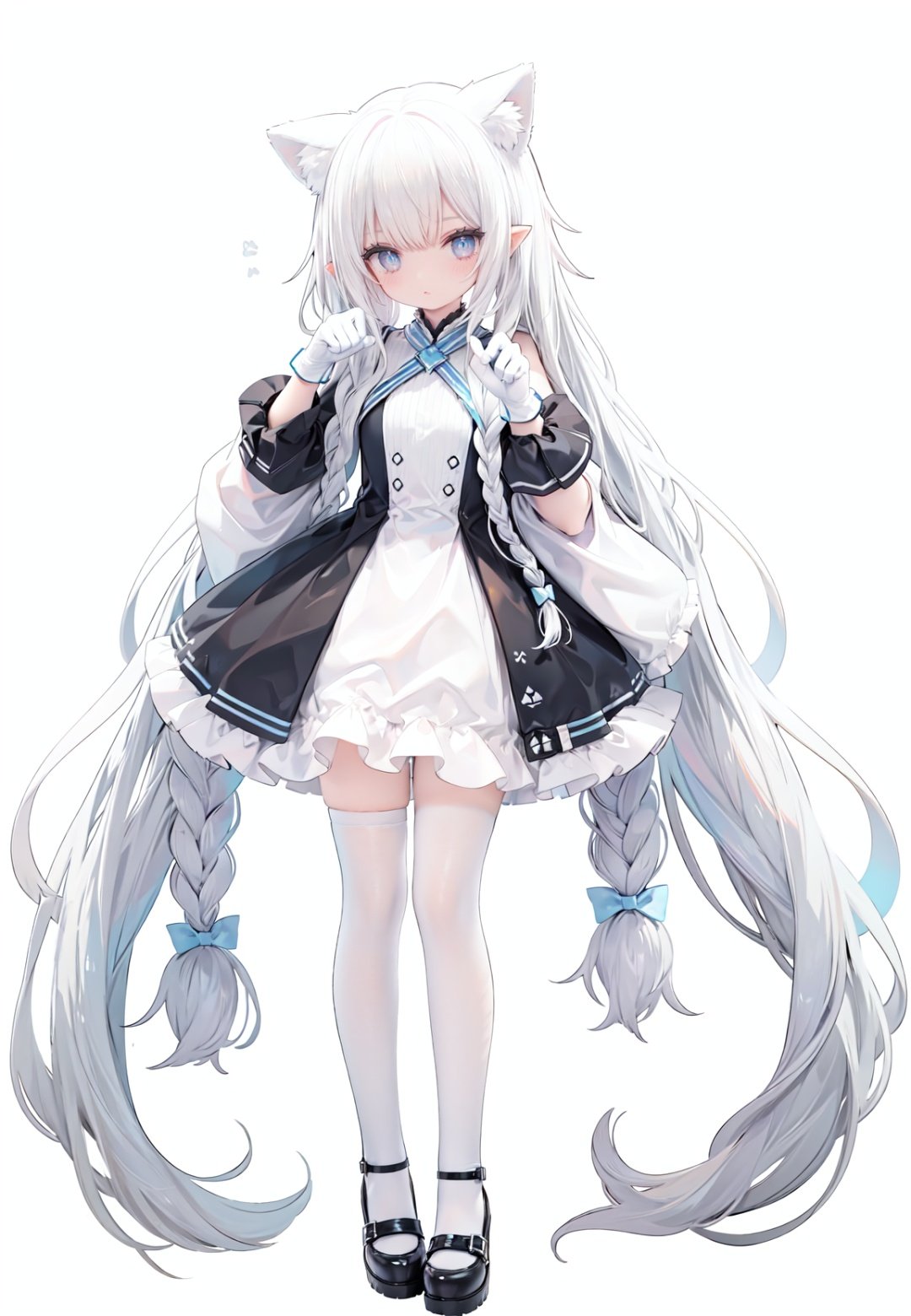 1girl, white_gloves, braid, full_body, gloves, long_hair, official_alternate_costume, pointy_ears, simple_background, solo, standing, very_long_hair, white_background,white hair,blue eyes,paw claw pose, open_mouth,