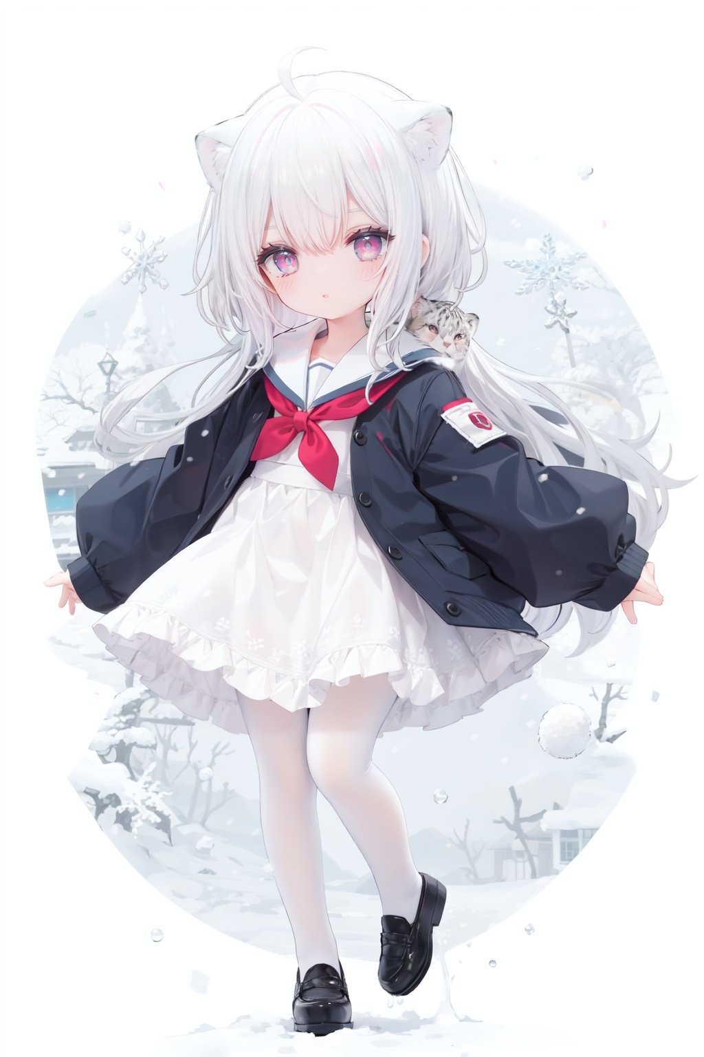 cute,Infant,solo blue shirt,blue sailor coat,loli,full body,white hair,snow leopard ear,white background,pink eyes,laugh,happy,white pantihose,white pantyhose,red armband,