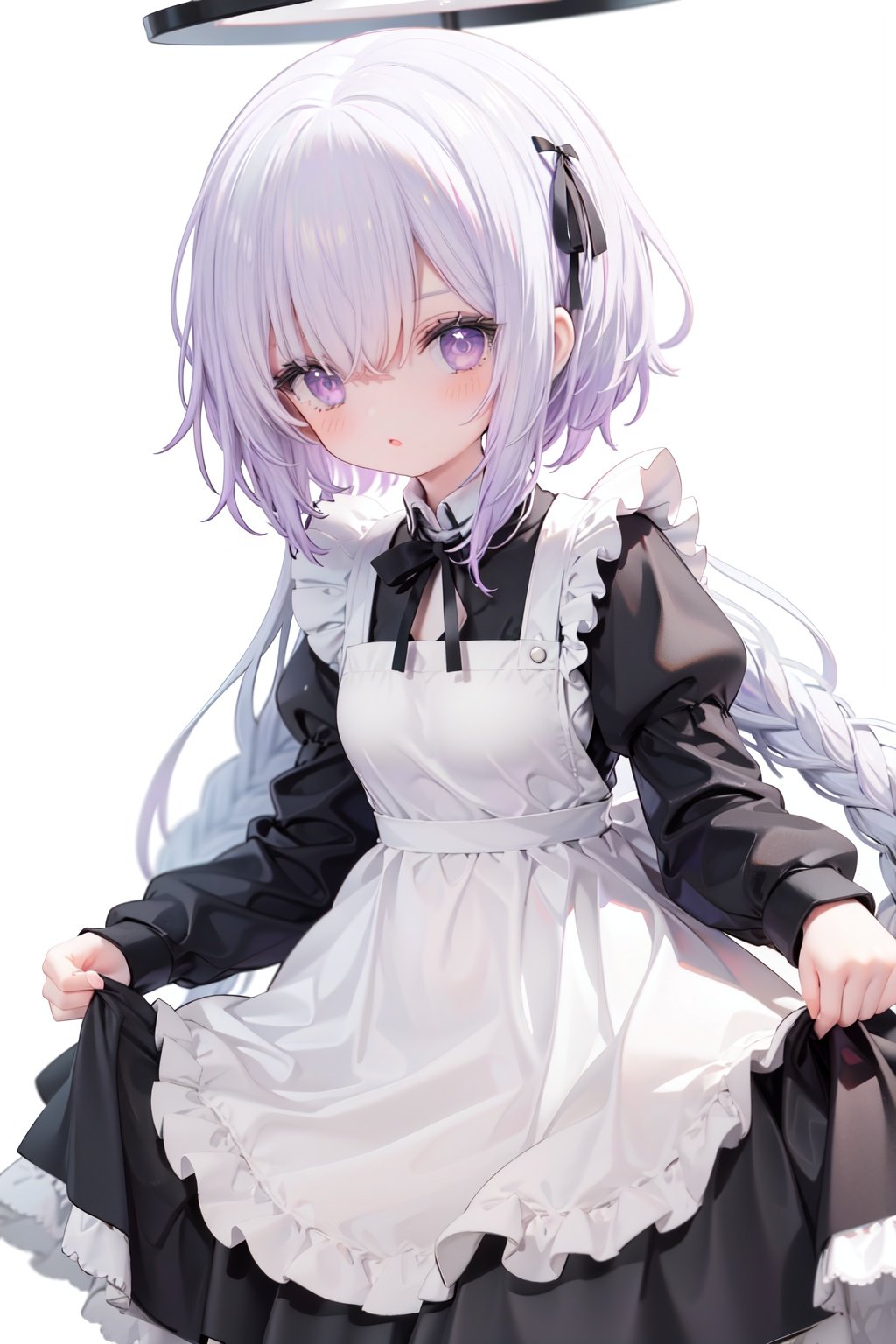 1girl,  solo,  apron,  long hair,  hair over one eye,  white background,  frills,  braid,  halo,  long sleeves,  dress,  simple background,  white hair,  white apron,  puffy sleeves,  very long hair,  frilled apron,  maid,  purple eyes,  ribbon,  parted lips,  maid apron,  bangs,  juliet sleeves,  black dress,  neck ribbon,  looking at viewer,  single braid,  blush