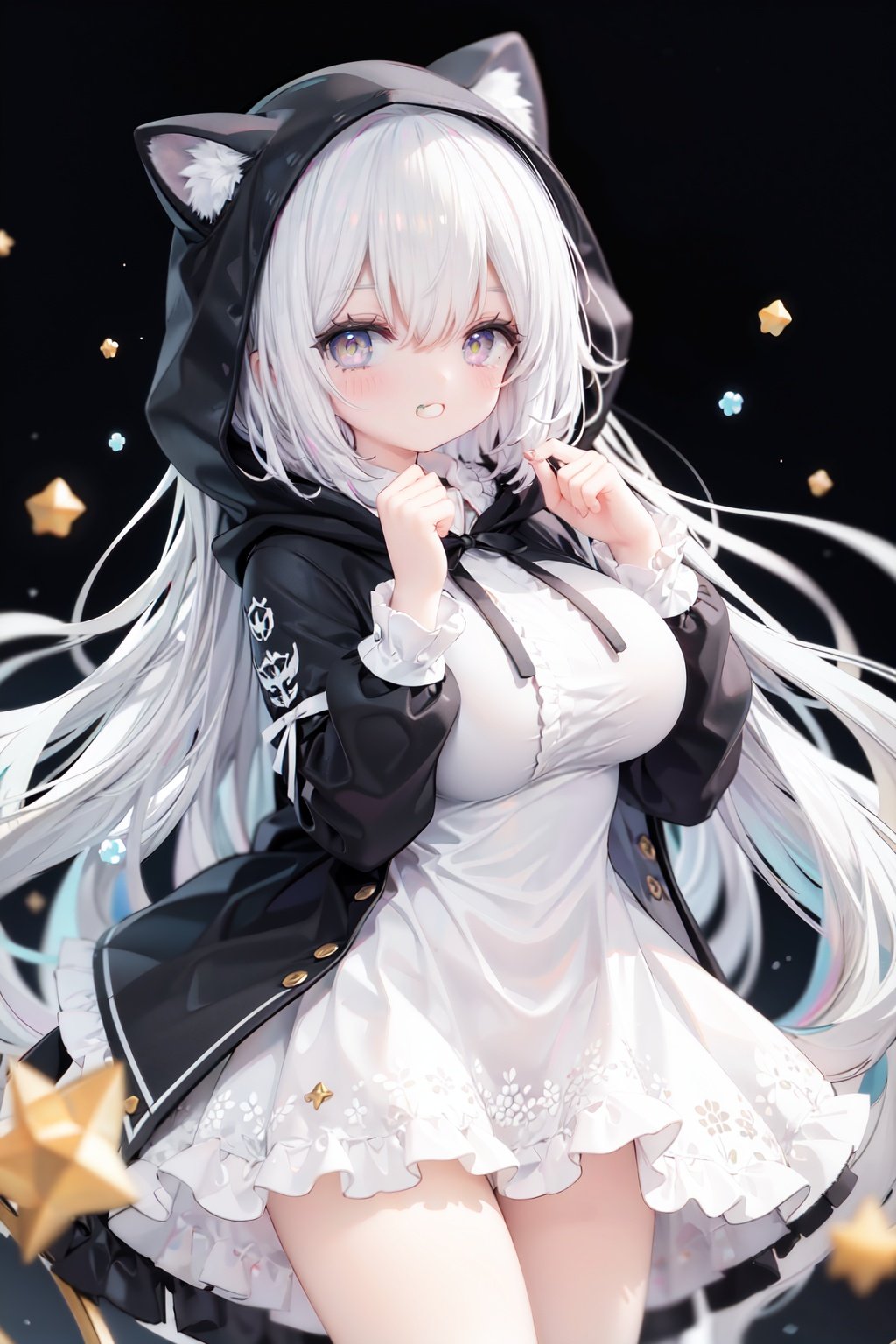 masterpiece, ((best quality)),  dynamic angle, chromatic aberration, ((colorful)),1girl, solo, hood, animal hood, breasts, frills, smile, hood up, yellow eyes, capelet, hair between eyes, blush, dress, long sleeves, looking at viewer, animal ears, large breasts, black ribbon, bangs, puffy long sleeves, :d, frilled dress, hand up, open mouth, white dress, puffy sleeves, hooded capelet, virtual *******r, frilled capelet, fang, white capelet, star (symbol)