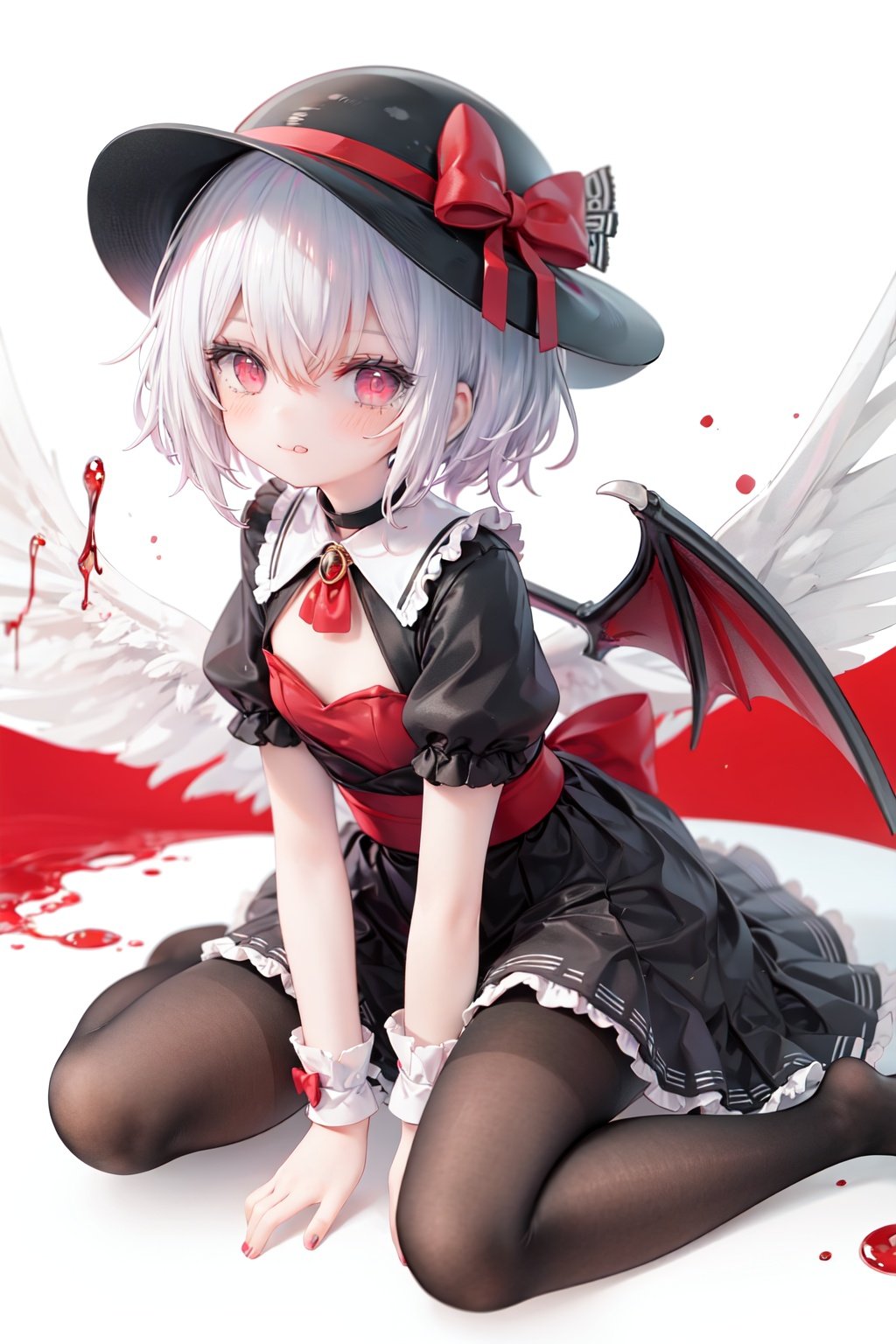 (little girl:1.4), (child:1.4),(petite:1.4), (loli:1.4),,,((solo:1.3)).,1girl, solo, wings, red eyes, hat, remilia scarlet, red background, mob cap, bat wings, ascot, blood, short sleeves, bow, short hair, ribbon, blood on hands, looking at viewer, simple background, full body, puffy sleeves, hat ribbon, blood on face, dress, brooch, red nails, pantyhose, red bow, puffy short sleeves, smile, black pantyhose, wrist cuffs, red ribbon, sitting, jewelry, red ascot, frills, hair between eyes, skirt, white dress, fingernails, sash, shirt, nail polish, no shoes, red theme, sharp fingernails, bangs, tongue, hat bow, grey hair, closed mouth, tongue out, white headwear, slit pupils, blood on clothes, skirt set, hand up, frilled sleeves, invisible chair, white skirt, vampire, frilled shirt collar/.,\nSolo,Battle, {{{{{Slash}}}}},Killing,Attacker,{{Fierce movement}},Ninja,Bloodstain,Core shadow,splatter,{Blood},{{{{Battle scene}}}},angry,Intricate,,{{{Dynamic angle}}},{Stylish pose},{High contrast,Extremely detailed CG unity 8K wallpaper} Sense of movement,blurry background,Kaotic,Lunatic,[[[[[hyper paint, rough design, flat color]]]]],Grin,Whole body,Colorful background,Intricate,Girl wearing black suit,Looking at viewers,{{Stylish}},Persona 5 style art,{{{all out attack(persona 5)}}}