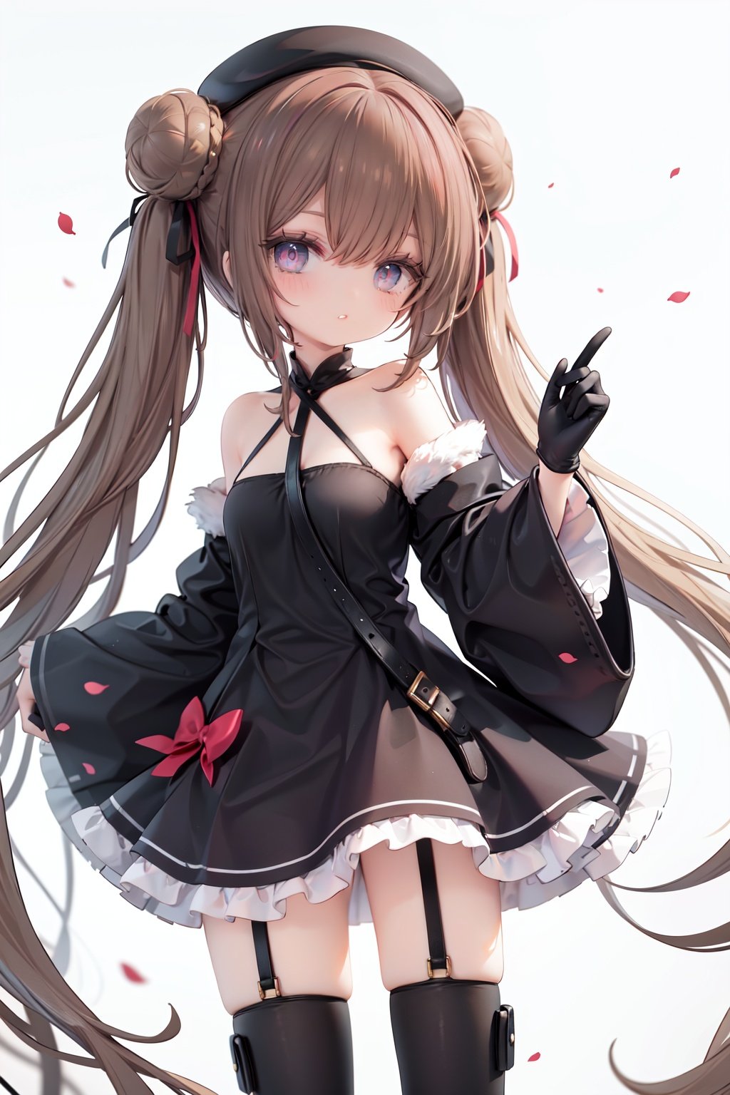 1girl, dress, double bun, hair bun, long hair, black dress, twintails, looking at viewer, smile, hat, bangs, brown hair, white background, solo, open mouth, blush, black headwear, very long hair, garter straps, thighhighs, bare shoulders, beret, :d, ribbon, black gloves, simple background, long sleeves, nail polish, black footwear, red ribbon, bow, gloves, wide sleeves, animal, hair ribbon, boots, red nails, sheath, sheathed, hair between eyes