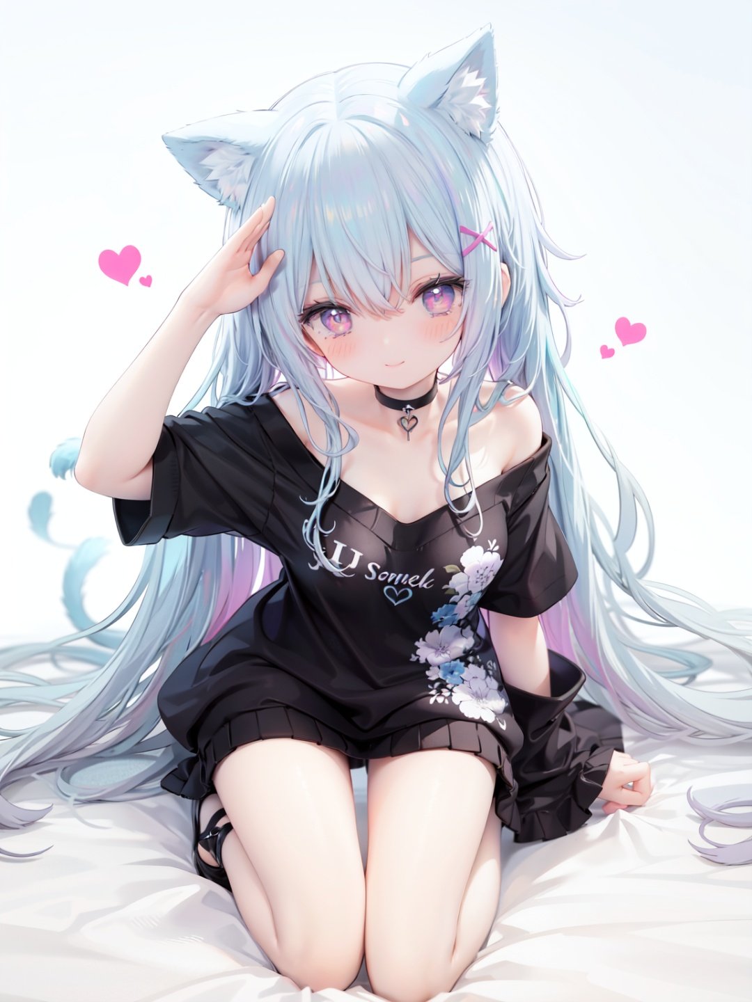 petite, loli, solo, animal ears, heart, puffy short sleeves, blue hair, long hair, off shoulder, bangs, hair ornament, gradient background,rainbow gradient, x hair ornament, animal ear fluff, looking at viewer, very long hair, blush, smile, cat ears, bare shoulders, collarbone, hand up, gradient sweater, hair between eyes, symbol-shaped pupils, arm up, heart-shaped pupils, hairclip, medium breasts, salute, bare legs,full body