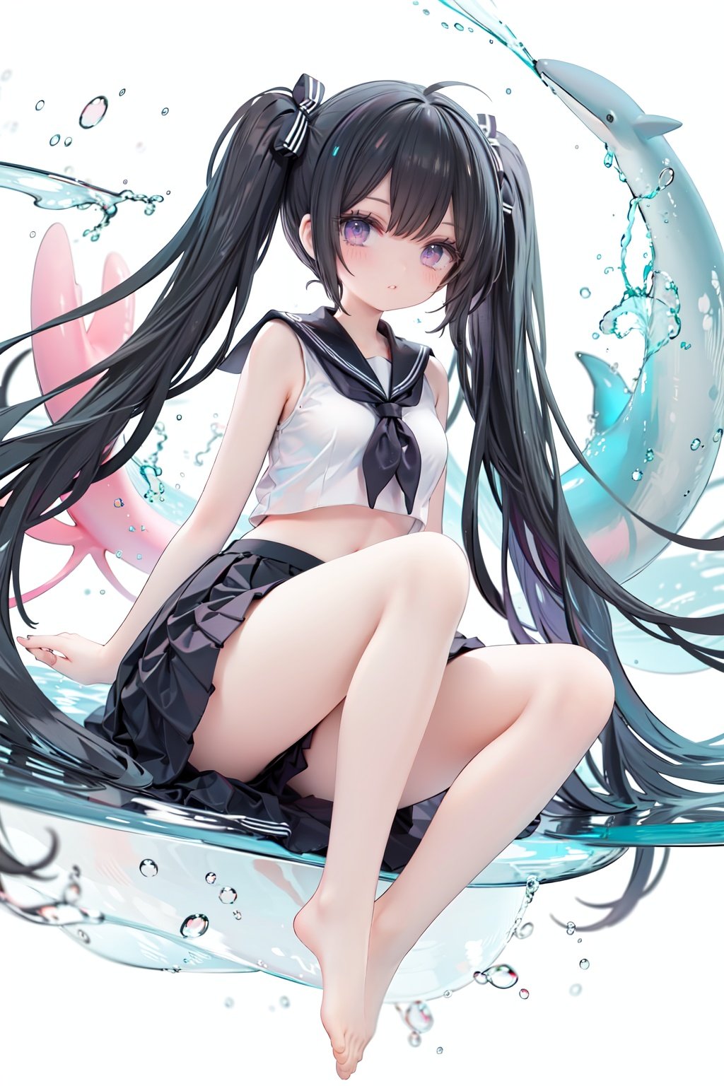 masterpiece, ((best quality)), (ultra-detailed), (illustration), an extremely delicate and beautiful, dynamic angle, chromatic aberration,((Medium shot)), ((colorful)),1girl, long hair, solo, skirt, black hair, barefoot, very long hair, black skirt, school uniform, shirt, white shirt, serafuku, looking at viewer, pleated skirt, bare legs, sitting, neckerchief, floating hair, navel, midriff, sailor collar, crop top, purple eyes, bangs, sleeveless, water, closed mouth, whale, full body, dolphin, twintails, reflection, black sailor collar, miniskirt