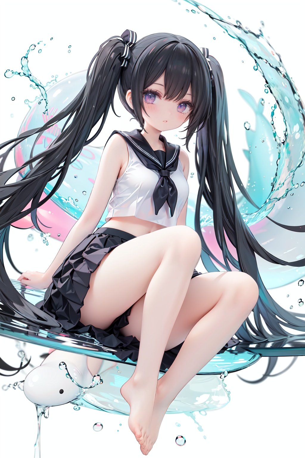 masterpiece, ((best quality)), (ultra-detailed), (illustration), an extremely delicate and beautiful, dynamic angle, chromatic aberration,((Medium shot)), ((colorful)),1girl, long hair, solo, skirt, black hair, barefoot, very long hair, black skirt, school uniform, shirt, white shirt, serafuku, looking at viewer, pleated skirt, bare legs, sitting, neckerchief, floating hair, navel, midriff, sailor collar, crop top, purple eyes, bangs, sleeveless, water, closed mouth, whale, full body, dolphin, twintails, reflection, black sailor collar, miniskirt