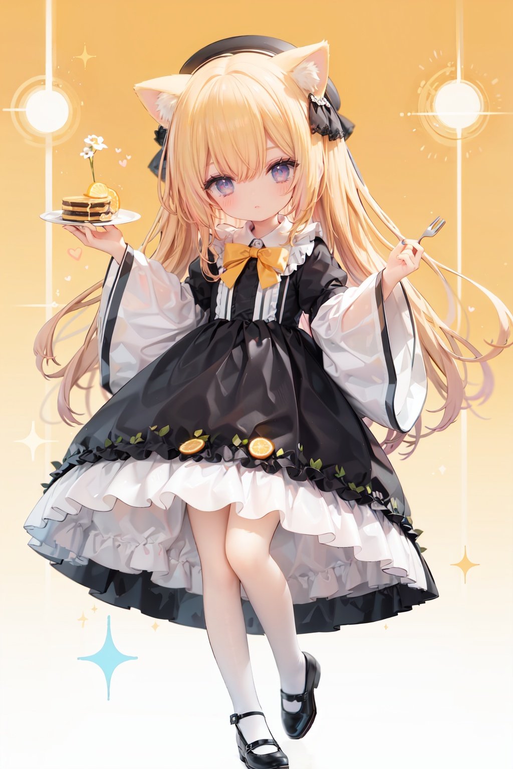 (cinematic lighting),  dreamy atmosphere,  Ray tracing,  (((solo))),  (loli:1.5),  (child:1.5),  (petite:1.5),  green eyes,  (animal ears),  dress,  solo,  food,  blonde hair,  open mouth,  long hair,  pancake,  flower,  holding,  bow,  smile,  fork,  bird,  socks,  looking at viewer,  shoes,  striped background,  holding fork,  bonnet,  striped,  frills,  long sleeves,  :d,  yellow dress,  bangs,  eyebrows visible through hair,  blush,  green nails,  hair bow,  nail polish,  diagonal stripes,  chick,  sparkle,  frilled dress,  orange bow,  fruit,  full body,  :3,  hair between eyes,  green bow,  puffy sleeves,  heart,  lemon,  orange footwear,  animal ear fluff,  white bow,  cat ears,  bobby socks,  orange headwear,  see-through sleeves,  blue background,  striped bow,  hair ornament,  white legwear,  mary janes