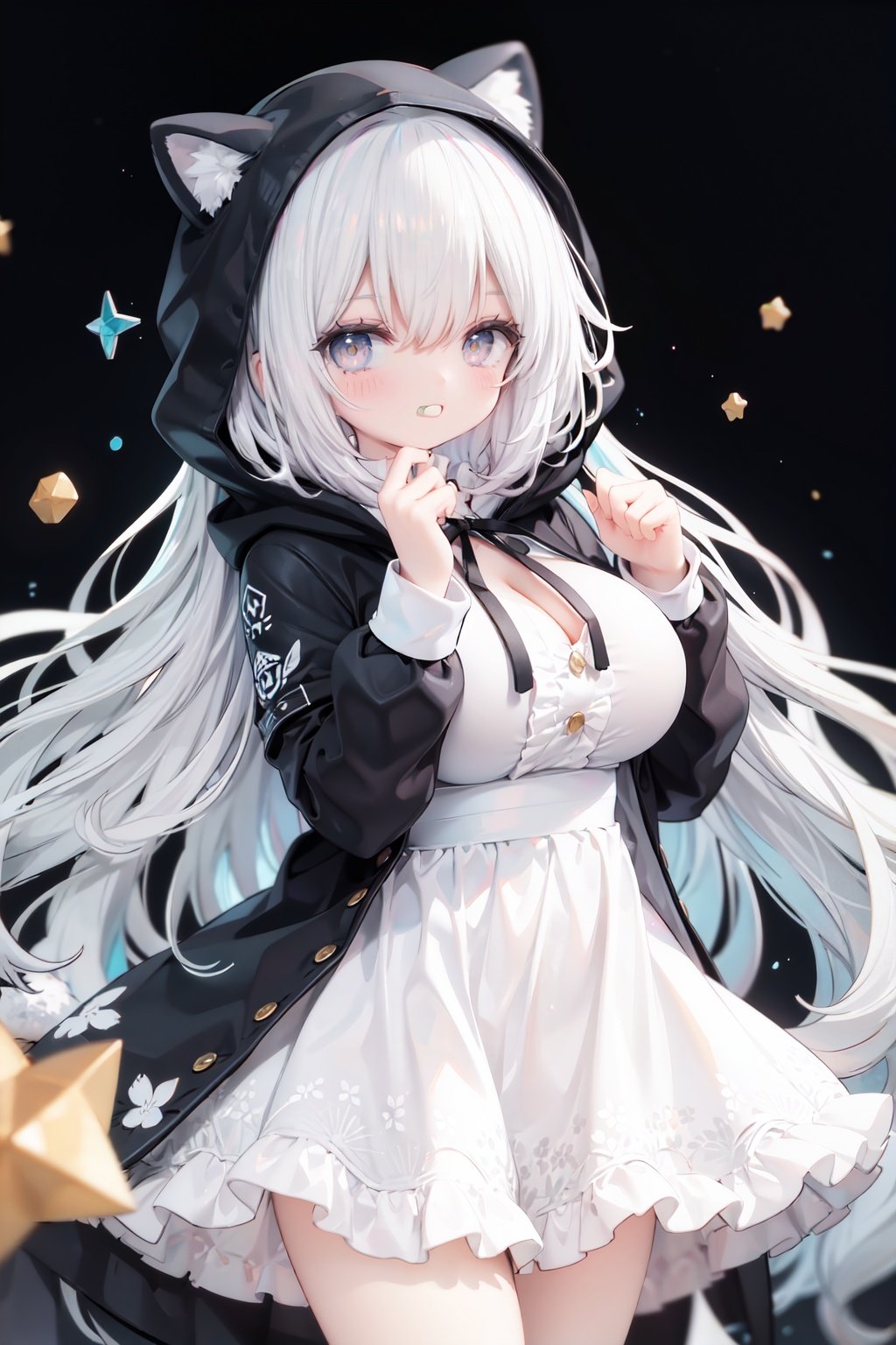 masterpiece, ((best quality)),  dynamic angle, chromatic aberration, ((colorful)),1girl, solo, hood, animal hood, breasts, frills, smile, hood up, yellow eyes, capelet, hair between eyes, blush, dress, long sleeves, looking at viewer, animal ears, large breasts, black ribbon, bangs, puffy long sleeves, :d, frilled dress, hand up, open mouth, white dress, puffy sleeves, hooded capelet, virtual *******r, frilled capelet, fang, white capelet, star (symbol)