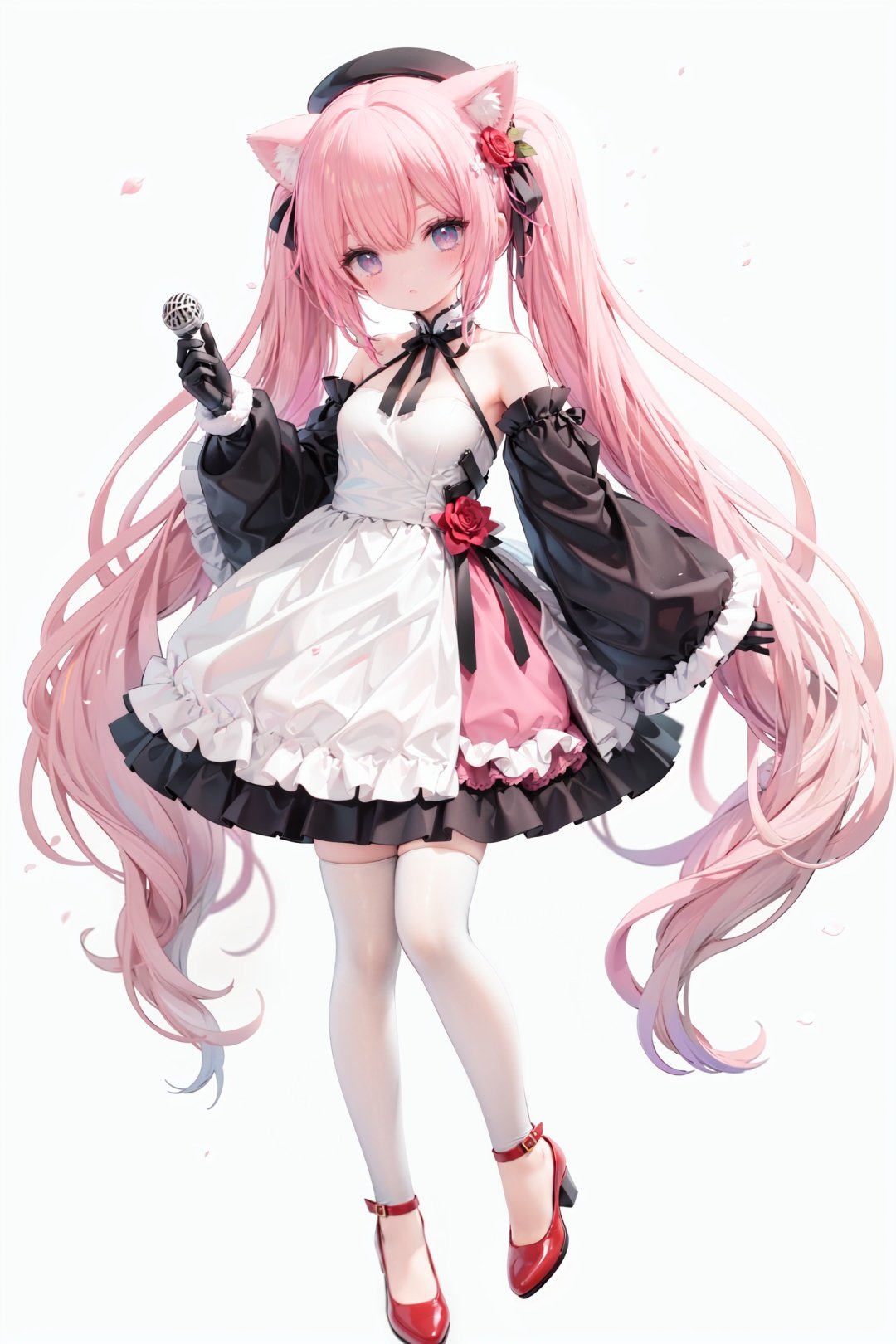 masterpiece, ((best quality)),  dynamic angle, chromatic aberration, ((colorful)),1girl, solo, flower, thighhighs, white thighhighs, gloves, red footwear, long hair, detached sleeves, animal ears, rose, blonde hair, looking at viewer, full body, hat, high heels, petals, dress, standing, twintails, wide sleeves, holding, shoes, frills, red flower, cat ears, bangs, microphone, long sleeves, white flower, hair ornament, white gloves, zettai ryouiki, bare shoulders, pink eyes, frilled dress, small breasts, breasts, closed mouth, skirt, beret, white headwear, very long hair, red eyes, red rose, white dress, blush, ribbon, black gloves, animal ear fluff, hair flower, pink flower