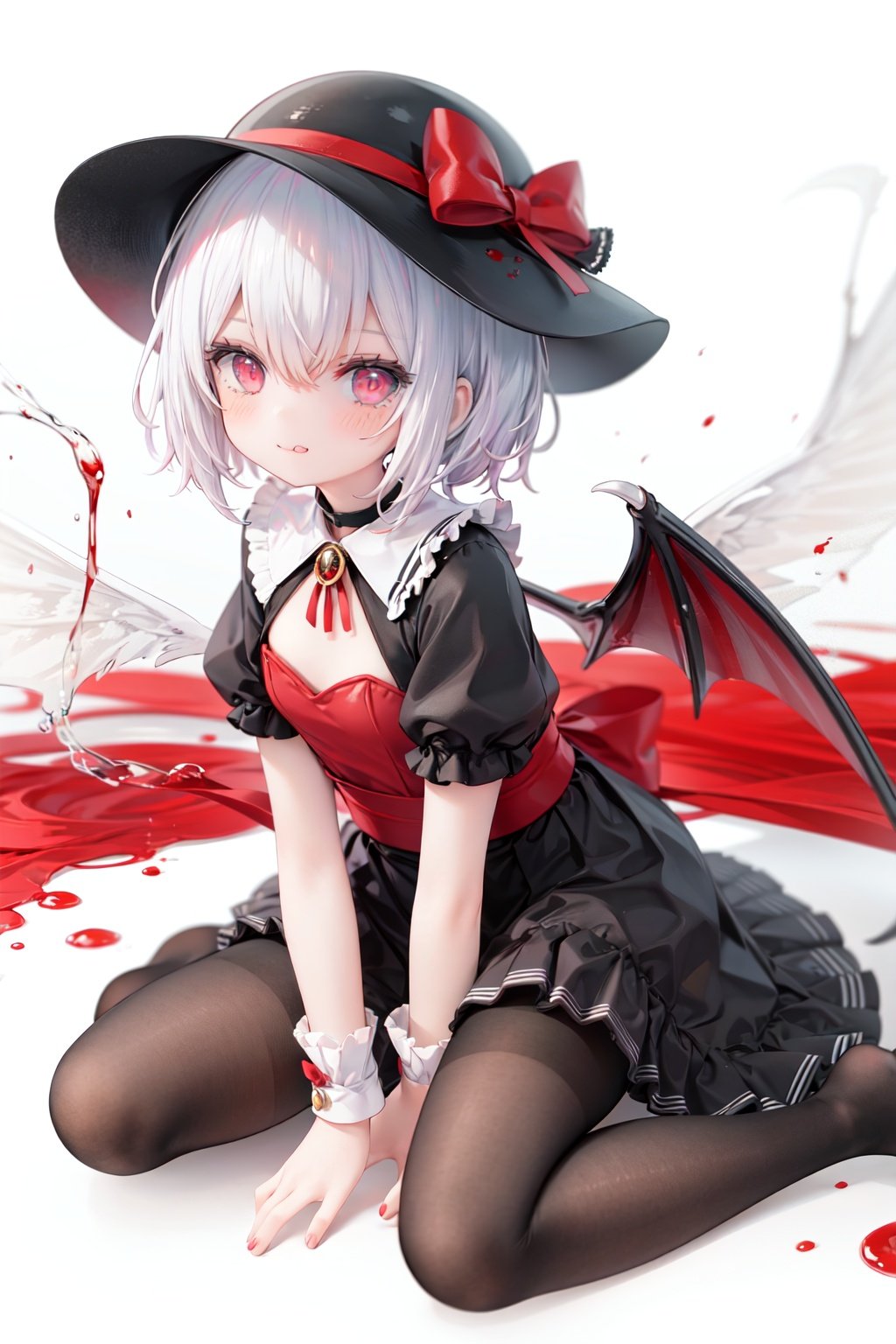 (little girl:1.4), (child:1.4),(petite:1.4), (loli:1.4),,,((solo:1.3)).,1girl, solo, wings, red eyes, hat, remilia scarlet, red background, mob cap, bat wings, ascot, blood, short sleeves, bow, short hair, ribbon, blood on hands, looking at viewer, simple background, full body, puffy sleeves, hat ribbon, blood on face, dress, brooch, red nails, pantyhose, red bow, puffy short sleeves, smile, black pantyhose, wrist cuffs, red ribbon, sitting, jewelry, red ascot, frills, hair between eyes, skirt, white dress, fingernails, sash, shirt, nail polish, no shoes, red theme, sharp fingernails, bangs, tongue, hat bow, grey hair, closed mouth, tongue out, white headwear, slit pupils, blood on clothes, skirt set, hand up, frilled sleeves, invisible chair, white skirt, vampire, frilled shirt collar/.,\nSolo,Battle, {{{{{Slash}}}}},Killing,Attacker,{{Fierce movement}},Ninja,Bloodstain,Core shadow,splatter,{Blood},{{{{Battle scene}}}},angry,Intricate,,{{{Dynamic angle}}},{Stylish pose},{High contrast,Extremely detailed CG unity 8K wallpaper} Sense of movement,blurry background,Kaotic,Lunatic,[[[[[hyper paint, rough design, flat color]]]]],Grin,Whole body,Colorful background,Intricate,Girl wearing black suit,Looking at viewers,{{Stylish}},Persona 5 style art,{{{all out attack(persona 5)}}}