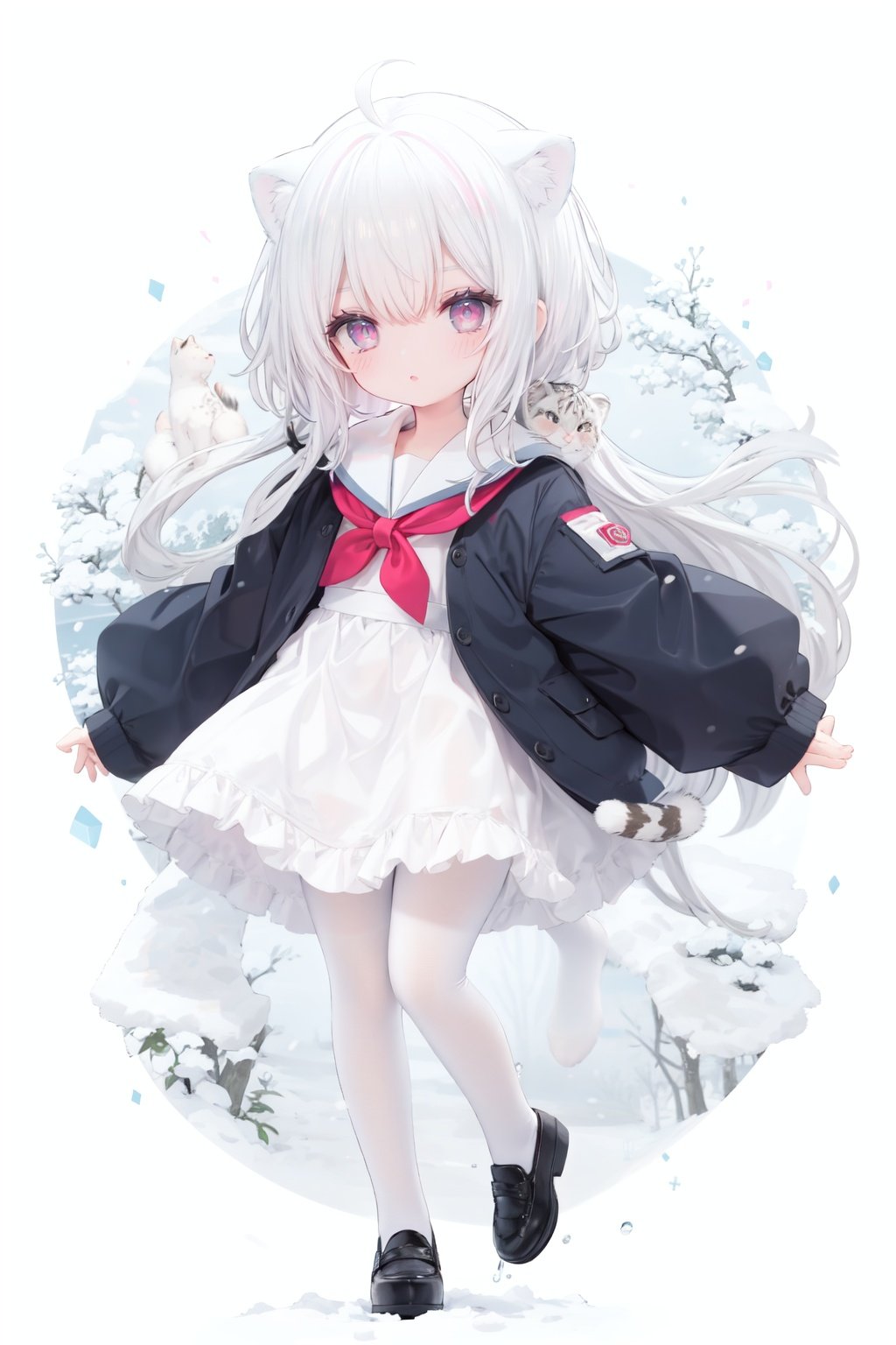 cute,Infant,solo blue shirt,blue sailor coat,loli,full body,white hair,snow leopard ear,white background,pink eyes,laugh,happy,white pantihose,white pantyhose,red armband,