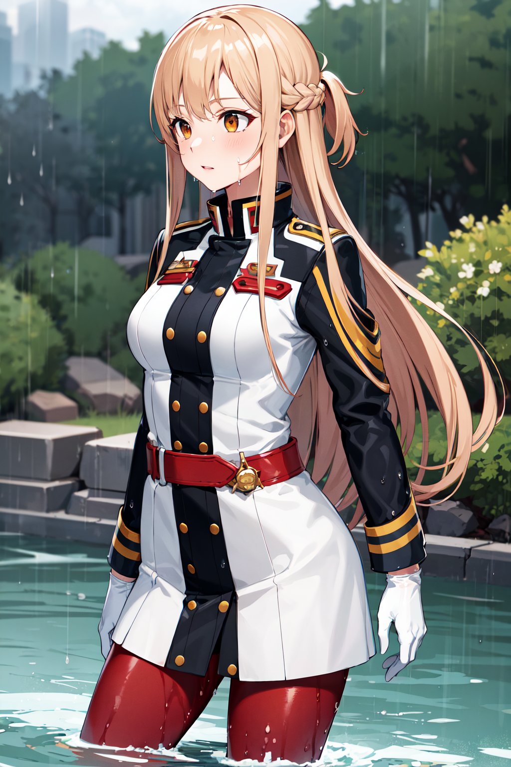 masterpiece, best quality, highres, ccasuna, long hair, brown hair, brown eyes, uniform, jacket, long sleeves, white gloves, belt, red pantyhose, <lora:asuna_(sao)_v1:0.7>, rain, (water:1.3), (wet:1.1), partially submerged, standing,