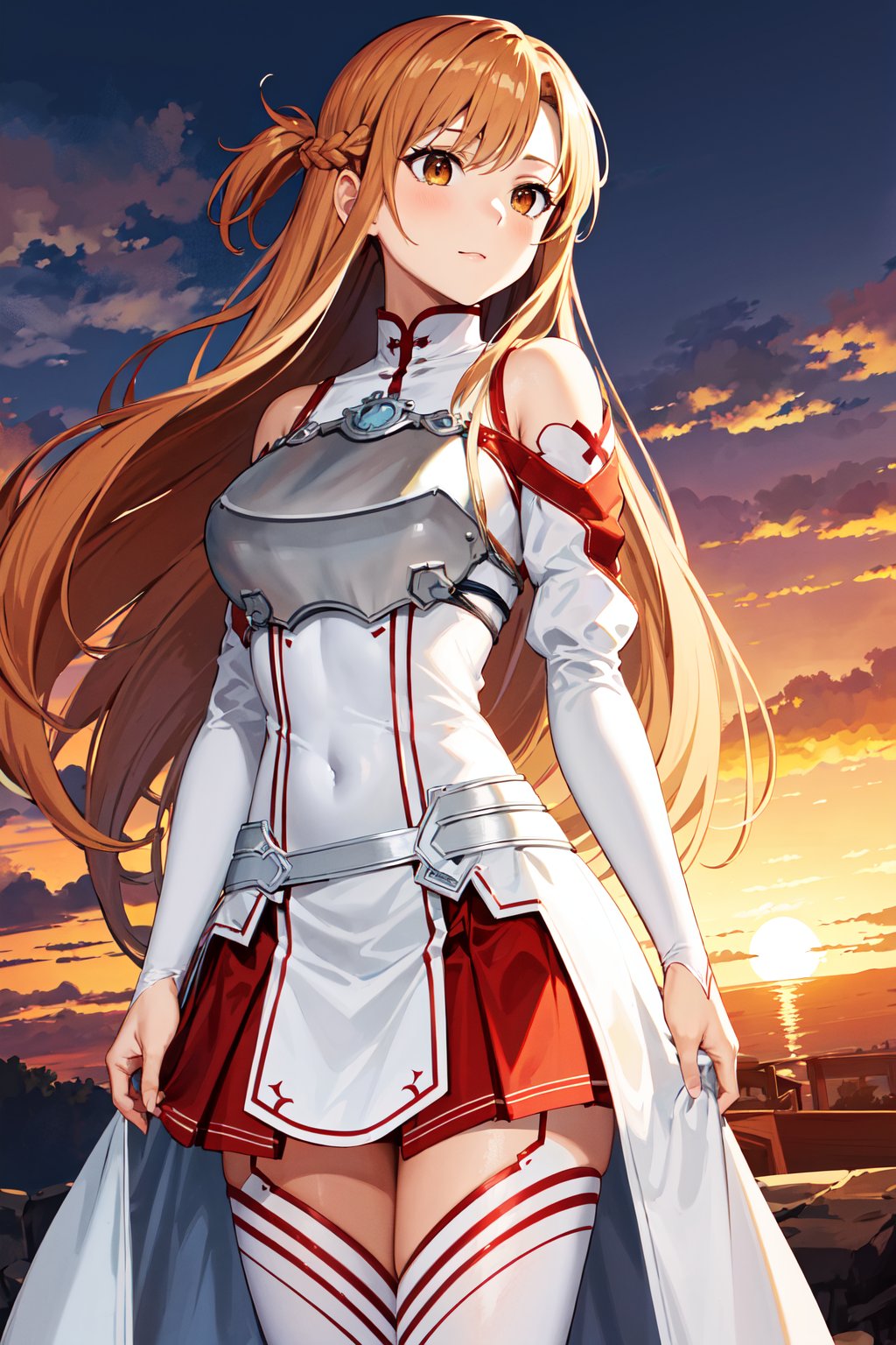 masterpiece, best quality, highres, aaasuna, long hair, brown hair, braid, brown eyes, bare shoulders, armor, breastplate, white sleeves, detached sleeves, red skirt, pleated skirt, white thighhighs, <lora:asuna_(sao)_v1:0.7>, sunset, standing, cowboy shot,