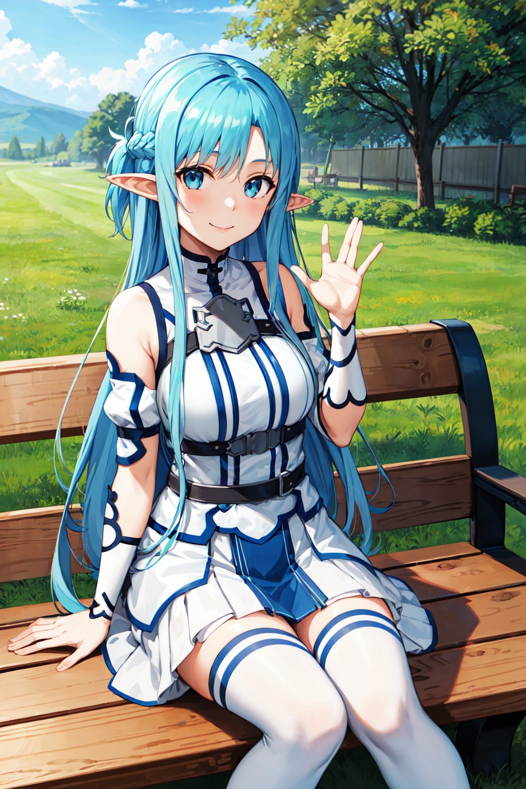 masterpiece, best quality, highres, bbasuna, long hair, blue hair, blue eyes, pointy ears, white dress, detached sleeves, blue thighhighs, <lora:asuna_(sao)_v1:0.7>, sitting, bench, outdoors, smile, waving,