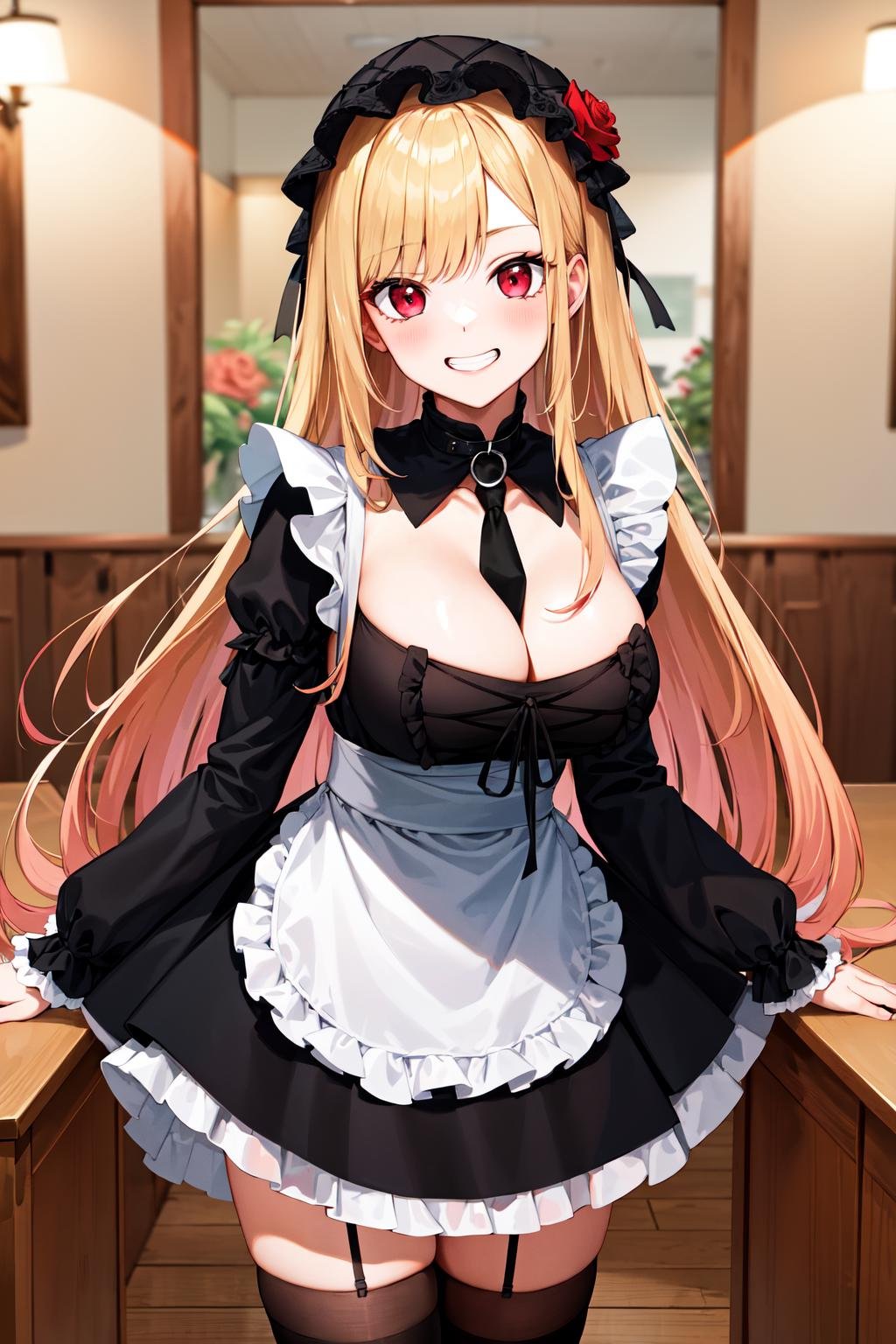 masterpiece, best quality, highres, kitagawa marin, 1girl, blonde hair, long hair, multicolored hair, red eyes, , bonnet, red rose, collar, gothic, frills, black dress, black necktie, cleavage, long sleeves, white apron, thighhighs, <lora:kitagawa_marin_v1-1:0.7>, grin, cowboy shot, indoors,