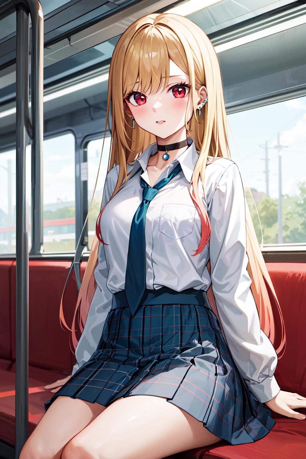 masterpiece, best quality, highres, kitagawa marin, 1girl, blonde hair, long hair, multicolored hair, red eyes, jewelry, earrings, piercing, school uniform, white shirt, tied shirt, black choker, blue necktie, plaid skirt, <lora:kitagawa_marin_v1-1:0.7>, sitting, train interior, 