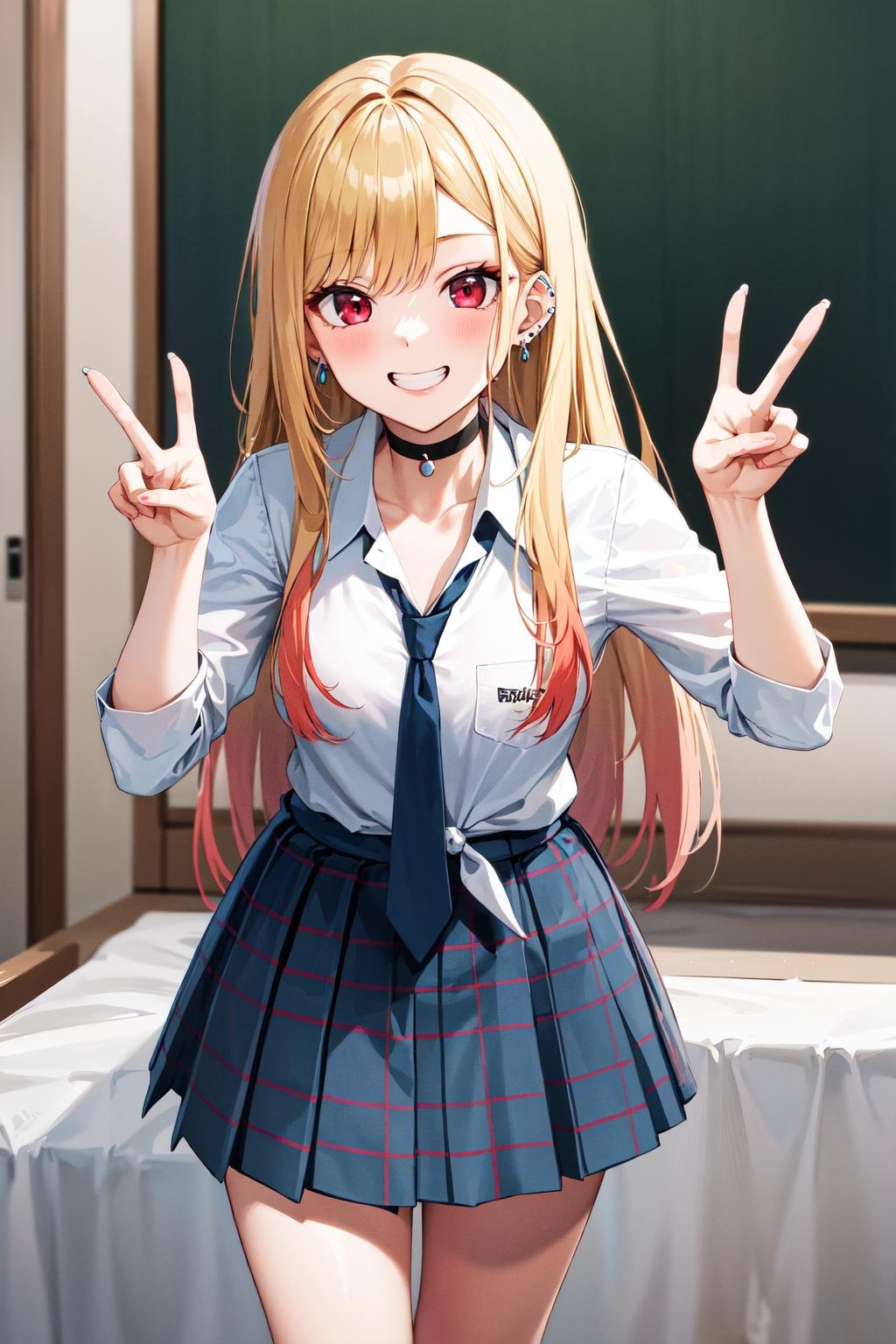 masterpiece, best quality, highres, kitagawa marin, 1girl, blonde hair, long hair, multicolored hair, red eyes, jewelry, earrings, piercing, school uniform, white shirt, tied shirt, black choker, blue necktie, plaid skirt, <lora:kitagawa_marin_v1-1:0.7>, leaning forward, grin, peace sign