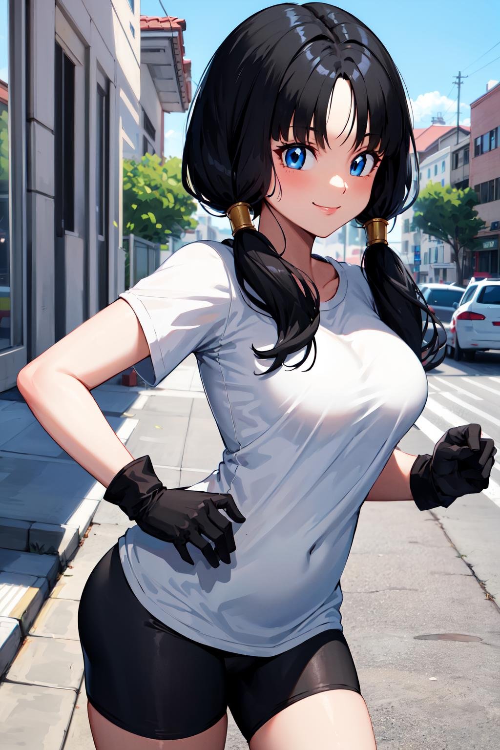 masterpiece, best quality, highres, videl2, solo, blue eyes, black hair, twintails, black gloves, bike_shorts, bangs, white shirt, badge, medium breasts, <lora:videl_v10:0.7>, cowboy shot, smile, street,