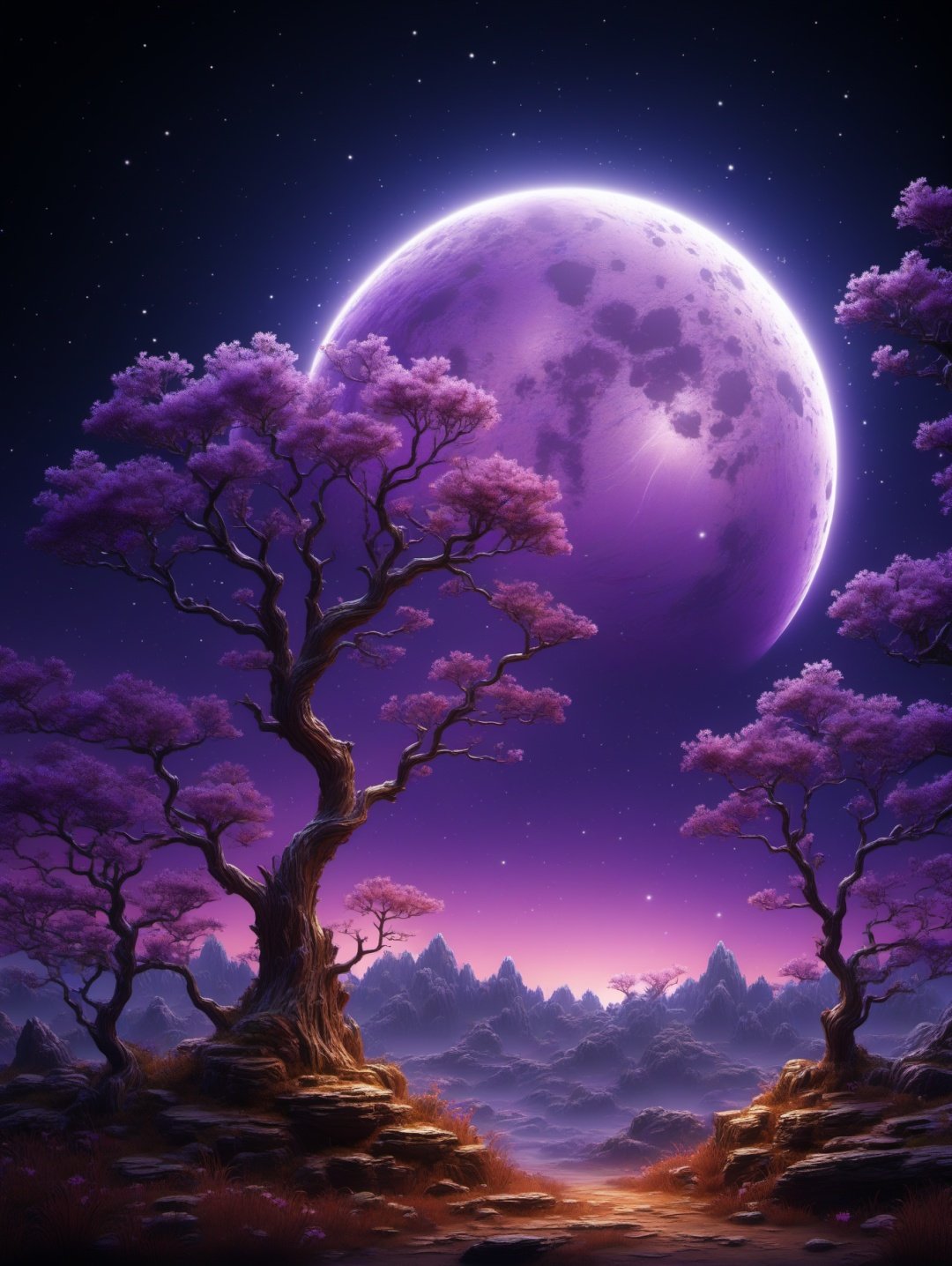 BJ_Full_Moon,flower,outdoors,sky,tree,no_humans,night,moon,cherry_blossoms,star_\(sky\),night_sky,scenery,full_moon,starry_sky,purple_sky,photo,8k,intricate,highly detailed,majestic,digital photography,(masterpiece, sidelighting, finely detailed beautiful eyes:1.2),hdr,realistic,high definition,<lora:Full_Moon(7560):0.7>,