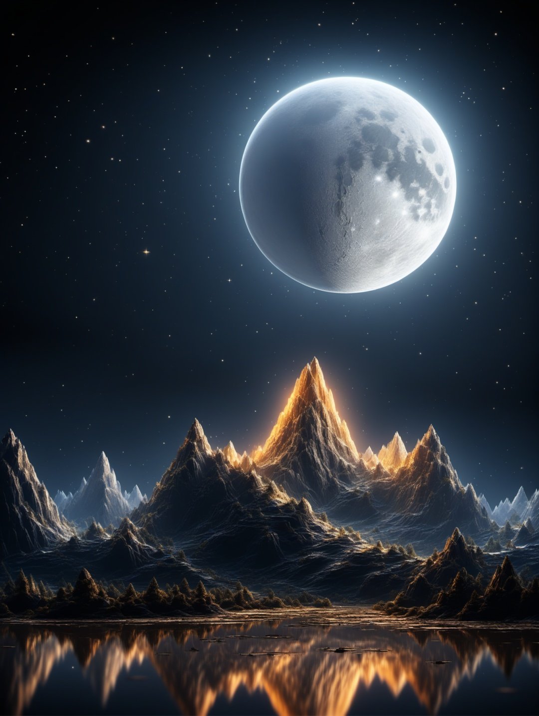 BJ_Full_Moon, outdoors, sky, water, tree, no_humans, night, moon, star_\(sky\), night_sky, scenery, full_moon, starry_sky, reflection, mountain,photo,8k,intricate,highly detailed,majestic,digital photography,(masterpiece, sidelighting, finely detailed beautiful eyes:1.2),hdr,realistic,high definition,<lora:Full_Moon(7560):0.7>,