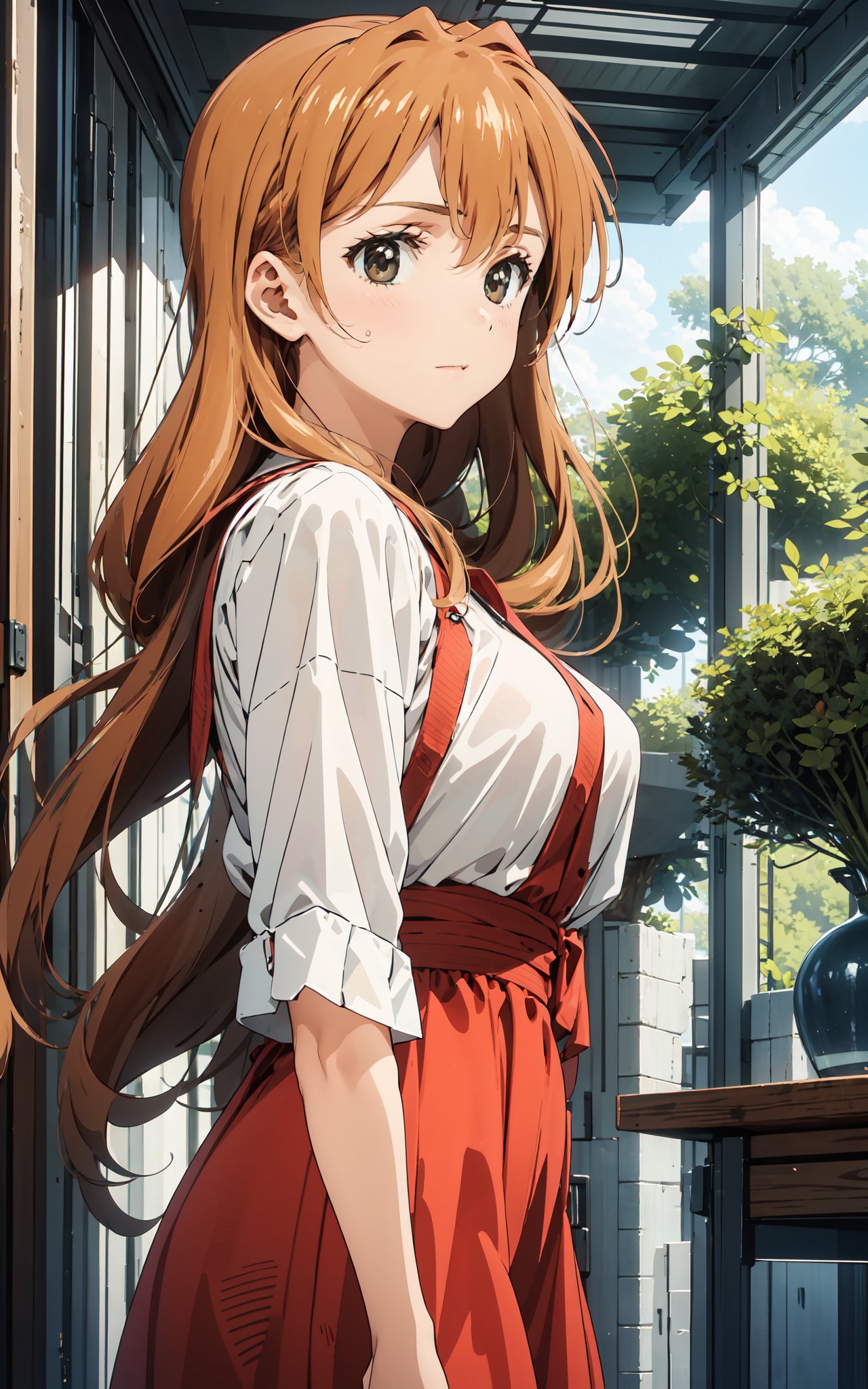 kouko_kaga, dark orange hair, dark eyes, long hair,red Drees(masterpiece:1.2, best quality), (Soft light), (shiny skin), 1girls, 