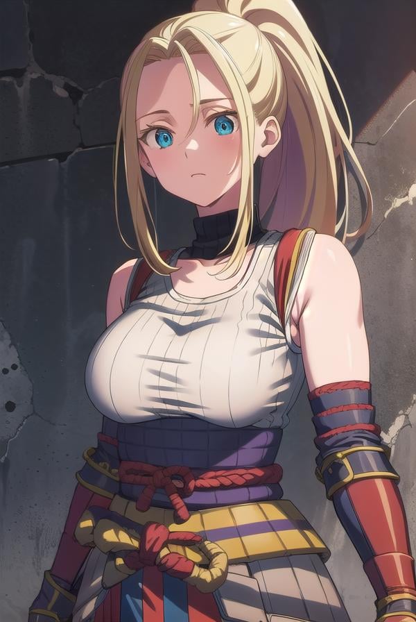 beatrixamerhauser, <lora:beatrixamerhausertest:1>,beatrix amerhauser, long hair, blue eyes, blonde hair, gloves, ponytail, (medium breast:1.2),BREAK gloves, fingerless gloves, armor, japanese armor, tank top, white tank top,BREAK looking at viewer,BREAK outdoors,BREAK <lora:GoodHands-vanilla:1>, (masterpiece:1.2), best quality, high resolution, unity 8k wallpaper, (illustration:0.8), (beautiful detailed eyes:1.6), extremely detailed face, perfect lighting, extremely detailed CG, (perfect hands, perfect anatomy),