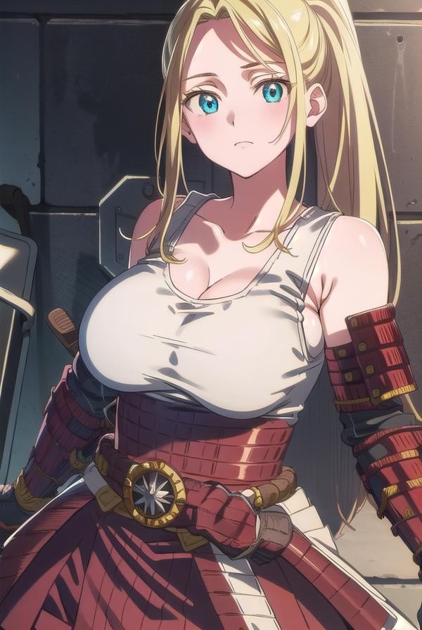 beatrixamerhauser, <lora:beatrixamerhausertest:1>,beatrix amerhauser, long hair, blue eyes, blonde hair, gloves, ponytail, (medium breast:1.2),BREAK gloves, fingerless gloves, armor, japanese armor, tank top, white tank top, cleavage, collarbone,BREAK looking at viewer,BREAK outdoors,BREAK <lora:GoodHands-vanilla:1>, (masterpiece:1.2), best quality, high resolution, unity 8k wallpaper, (illustration:0.8), (beautiful detailed eyes:1.6), extremely detailed face, perfect lighting, extremely detailed CG, (perfect hands, perfect anatomy),