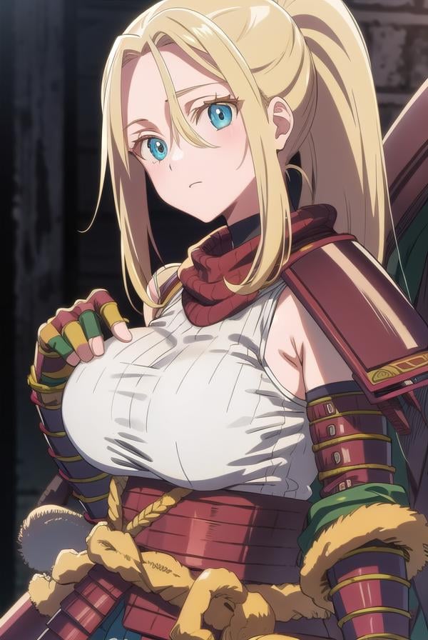 beatrixamerhauser, <lora:beatrixamerhausertest:1>,beatrix amerhauser, long hair, blue eyes, blonde hair, gloves, ponytail, (medium breast:1.2),BREAK gloves, fingerless gloves, armor, japanese armor, tank top, white tank top,BREAK looking at viewer,BREAK outdoors,BREAK <lora:GoodHands-vanilla:1>, (masterpiece:1.2), best quality, high resolution, unity 8k wallpaper, (illustration:0.8), (beautiful detailed eyes:1.6), extremely detailed face, perfect lighting, extremely detailed CG, (perfect hands, perfect anatomy),