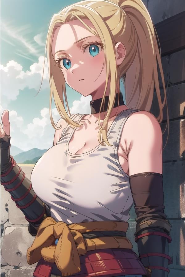 beatrixamerhauser, <lora:beatrixamerhausertest:1>,beatrix amerhauser, long hair, blue eyes, blonde hair, gloves, ponytail, (medium breast:1.2),BREAK gloves, fingerless gloves, armor, japanese armor, tank top, white tank top, cleavage, collarbone,BREAK looking at viewer,BREAK outdoors,BREAK <lora:GoodHands-vanilla:1>, (masterpiece:1.2), best quality, high resolution, unity 8k wallpaper, (illustration:0.8), (beautiful detailed eyes:1.6), extremely detailed face, perfect lighting, extremely detailed CG, (perfect hands, perfect anatomy),