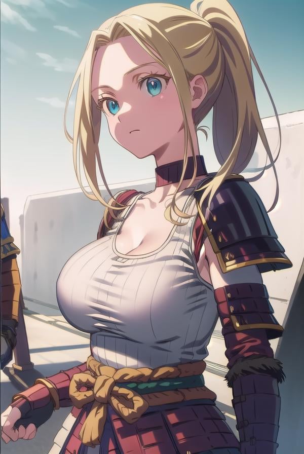 beatrixamerhauser, <lora:beatrixamerhausertest:1>,beatrix amerhauser, long hair, blue eyes, blonde hair, gloves, ponytail, (medium breast:1.2),BREAK gloves, fingerless gloves, armor, japanese armor, tank top, white tank top, cleavage, collarbone,BREAK looking at viewer,BREAK outdoors,BREAK <lora:GoodHands-vanilla:1>, (masterpiece:1.2), best quality, high resolution, unity 8k wallpaper, (illustration:0.8), (beautiful detailed eyes:1.6), extremely detailed face, perfect lighting, extremely detailed CG, (perfect hands, perfect anatomy),