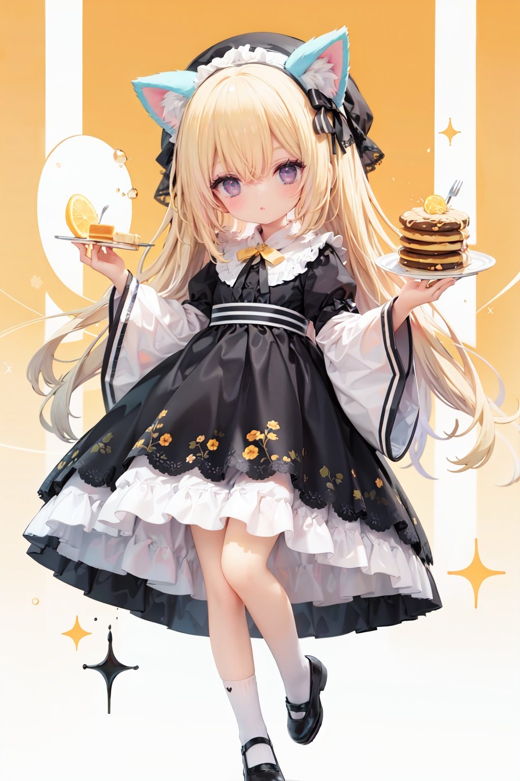 (cinematic lighting),  dreamy atmosphere,  Ray tracing,  (((solo))),  (loli:1.5),  (child:1.5),  (petite:1.5),  green eyes,  (animal ears),  dress,  solo,  food,  blonde hair,  open mouth,  long hair,  pancake,  flower,  holding,  bow,  smile,  fork,  bird,  socks,  looking at viewer,  shoes,  striped background,  holding fork,  bonnet,  striped,  frills,  long sleeves,  :d,  yellow dress,  bangs,  eyebrows visible through hair,  blush,  green nails,  hair bow,  nail polish,  diagonal stripes,  chick,  sparkle,  frilled dress,  orange bow,  fruit,  full body,  :3,  hair between eyes,  green bow,  puffy sleeves,  heart,  lemon,  orange footwear,  animal ear fluff,  white bow,  cat ears,  bobby socks,  orange headwear,  see-through sleeves,  blue background,  striped bow,  hair ornament,  white legwear,  mary janes