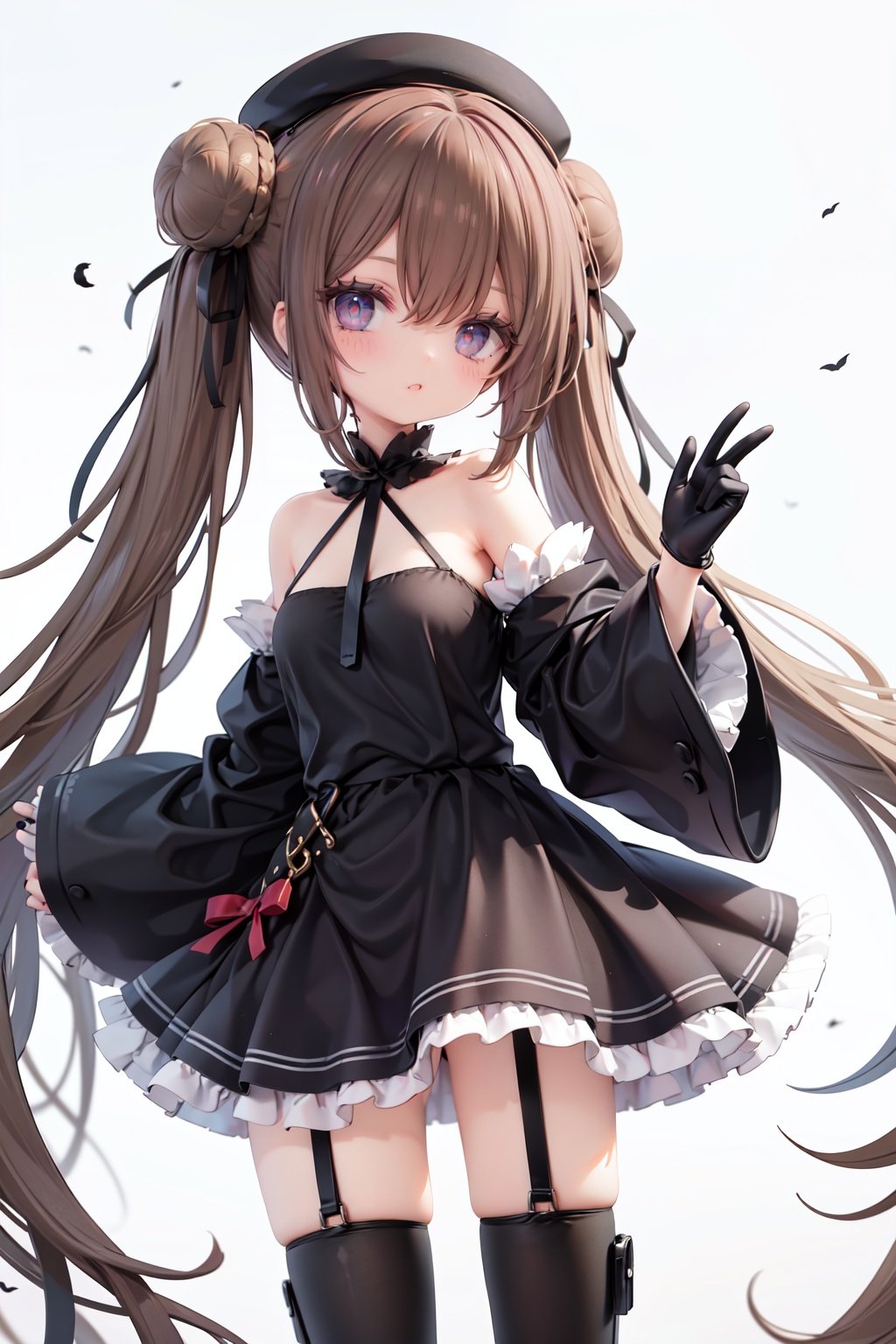 1girl, dress, double bun, hair bun, long hair, black dress, twintails, looking at viewer, smile, hat, bangs, brown hair, white background, solo, open mouth, blush, black headwear, very long hair, garter straps, thighhighs, bare shoulders, beret, :d, ribbon, black gloves, simple background, long sleeves, nail polish, black footwear, red ribbon, bow, gloves, wide sleeves, animal, hair ribbon, boots, red nails, sheath, sheathed, hair between eyes