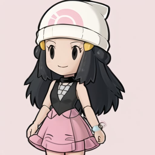 masterpiece, best quality, <lyco:PaperMarioLora-40:1.0>, chibi, <lora:DawnLora:0.7>, dawn \(pokemon\), black shirt, sleeveless shirt, pink skirt, beanie, red skarf, smile