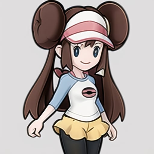 masterpiece, best quality, <lyco:PaperMarioLora-40:1.0>, chibi, <lora:RosaLora:0.7>, rosa \(pokemon\), smile, white shirt, raglan sleeves, visor cap, yellow shorts, black pantyhose