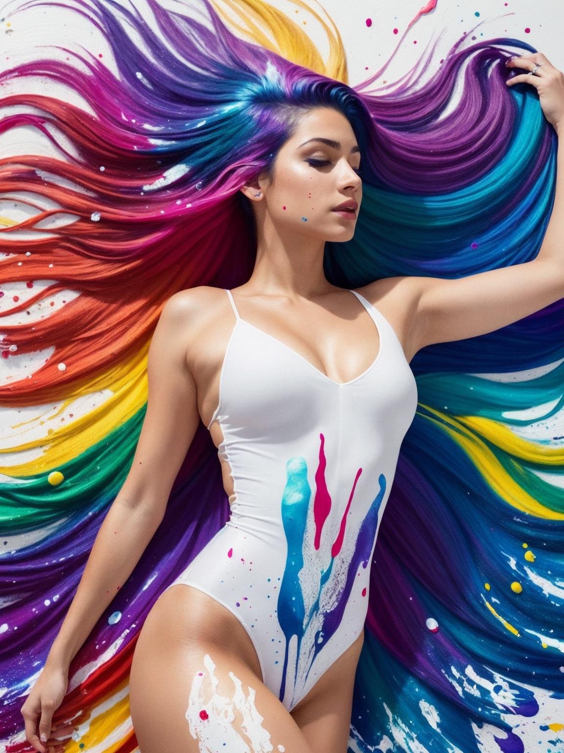 Style-PaintMagic, photo of a beautiful goth girl wearing a white bodysuit with thick flowing (liquid paint rainbow hair:1.1) made of paint and defies gravity, space background, highly detailed, intricate, amazing, trending, paint splatter, paint drops