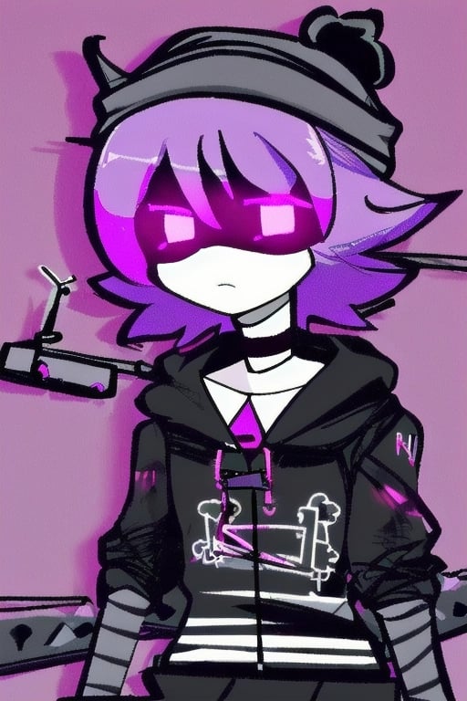 Uzi (Murder Drones), 1girl, purple hair, black hat, syringe on tail, beanie, bangs, necklace, jewelry, short hair, closed mouth, choker, murder drone, shorts, skirt, black hoodie, android, robot, robot joints, glowing eyes, shiny, collarbone, purple eyes, perfect anatomy, solo