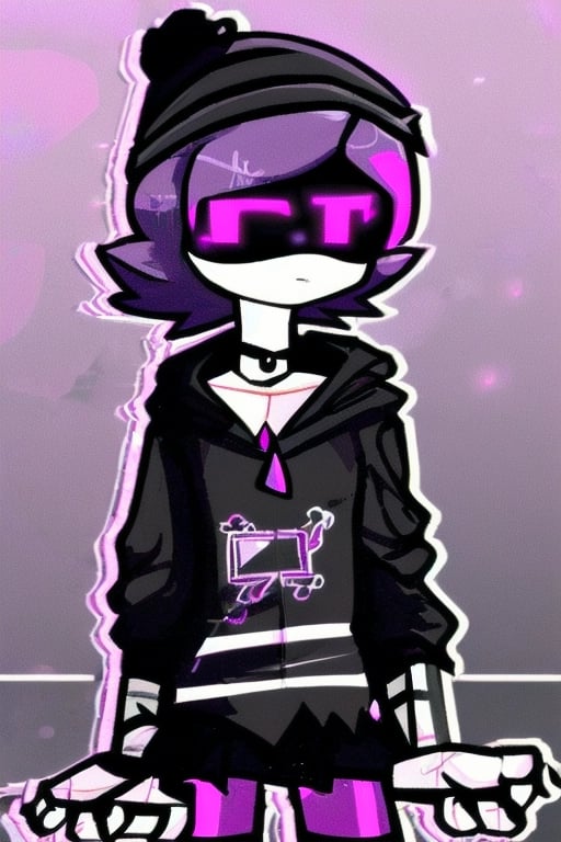 Uzi (Murder Drones), 1girl, purple hair, black hat, syringe on tail, beanie, bangs, necklace, jewelry, short hair, closed mouth, choker, murder drone, shorts, skirt, black hoodie, android, robot, robot joints, glowing eyes, shiny, collarbone, purple eyes, perfect anatomy, solo