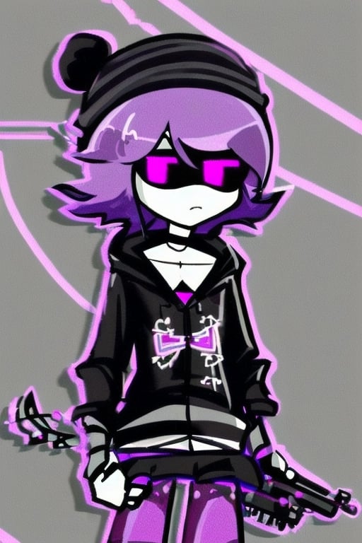 Uzi (Murder Drones), 1girl, purple hair, black hat, syringe on tail, beanie, bangs, necklace, jewelry, short hair, closed mouth, choker, murder drone, shorts, skirt, black hoodie, android, robot, robot joints, glowing eyes, shiny, collarbone, purple eyes, perfect anatomy, solo