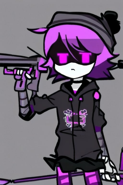 Uzi (Murder Drones), 1girl, purple hair, black hat, syringe on tail, beanie, bangs, necklace, jewelry, short hair, closed mouth, choker, murder drone, shorts, skirt, black hoodie, android, robot, robot joints, glowing eyes, shiny, collarbone, purple eyes, perfect anatomy, solo