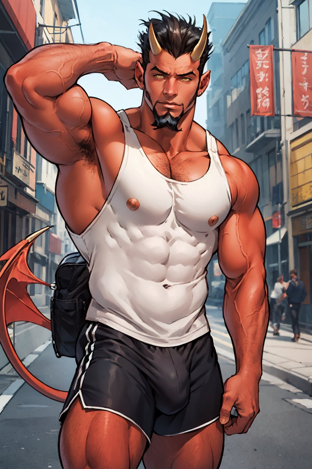 Masterpiece, best quality, 1boy, diabolos, red skin, yellow eyes, horns, sideburns, goatee, BREAK, huge muscles, (tank top, shorts, bulge) city, outdoors, muscular,  cowboy shot, sexy, looking at viewer.