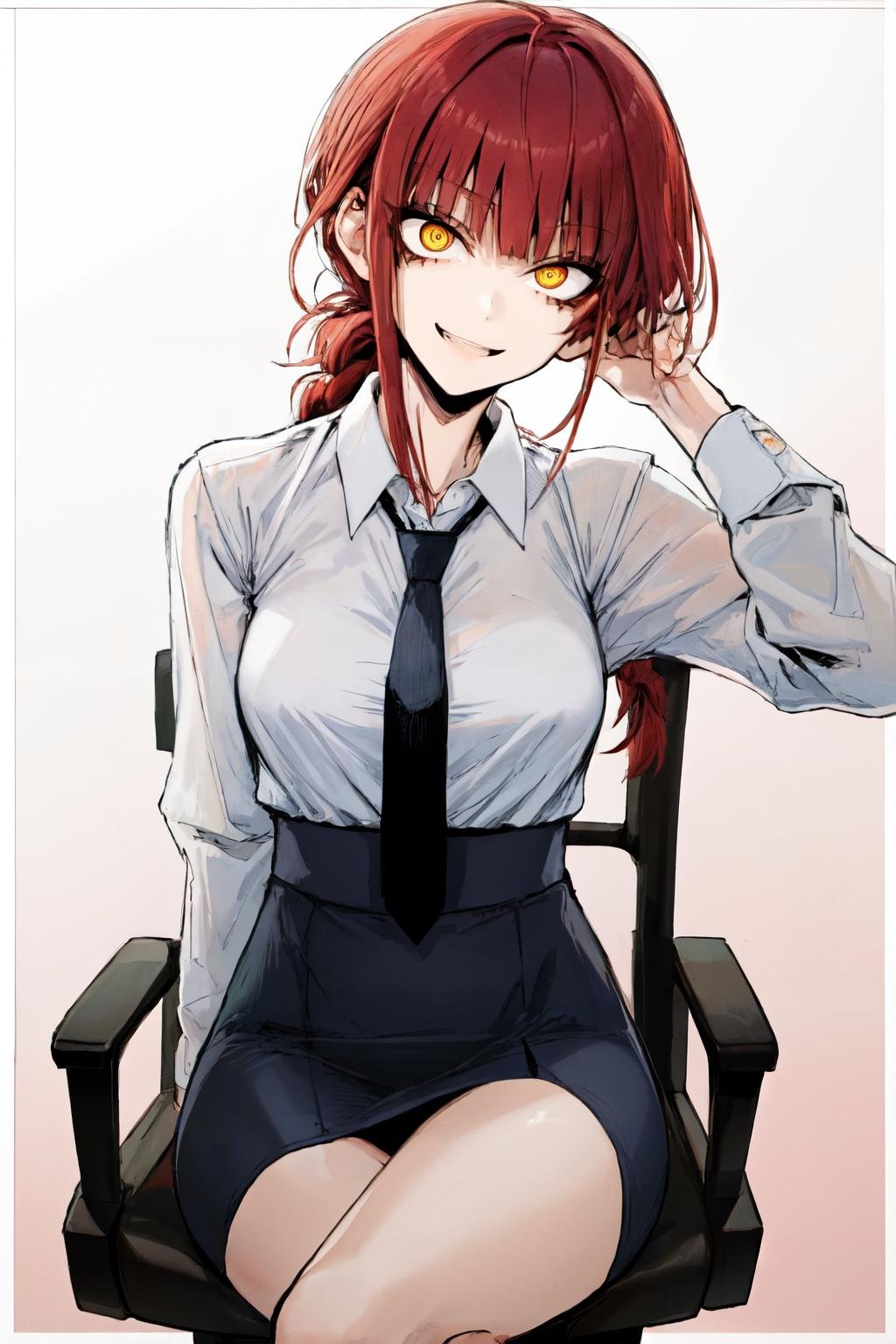 <lora:jk style by goofy ai:1>jk style, necktie, collared shirt, skirt, braided ponytail, yellow eyes, ringed eyes, black necktie, looking at viewer, crossed legs, braid, long sleeves, 1girl, red background, shirt, chair, sitting, white shirt, solo, smile, red hair, office lady <lora:makima:0.8> makima\(chainsaw man\)