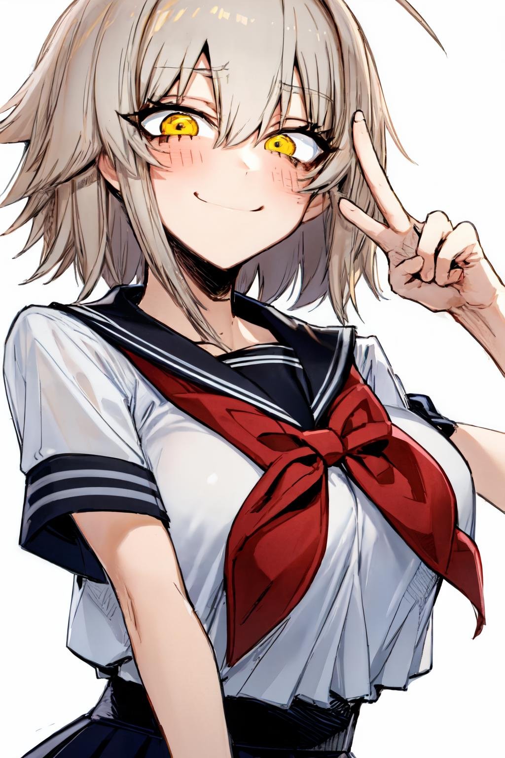 <lora:jk style by goofy ai:1>jk style, skirt, simple background, v, short hair, yellow eyes, serafuku, grey hair, blush, looking at viewer, sailor collar, 1girl, school uniform, eyes visible through hair, bow, black skirt, ahoge, large breasts, short sleeves, solo, white background, hair between eyes, smile