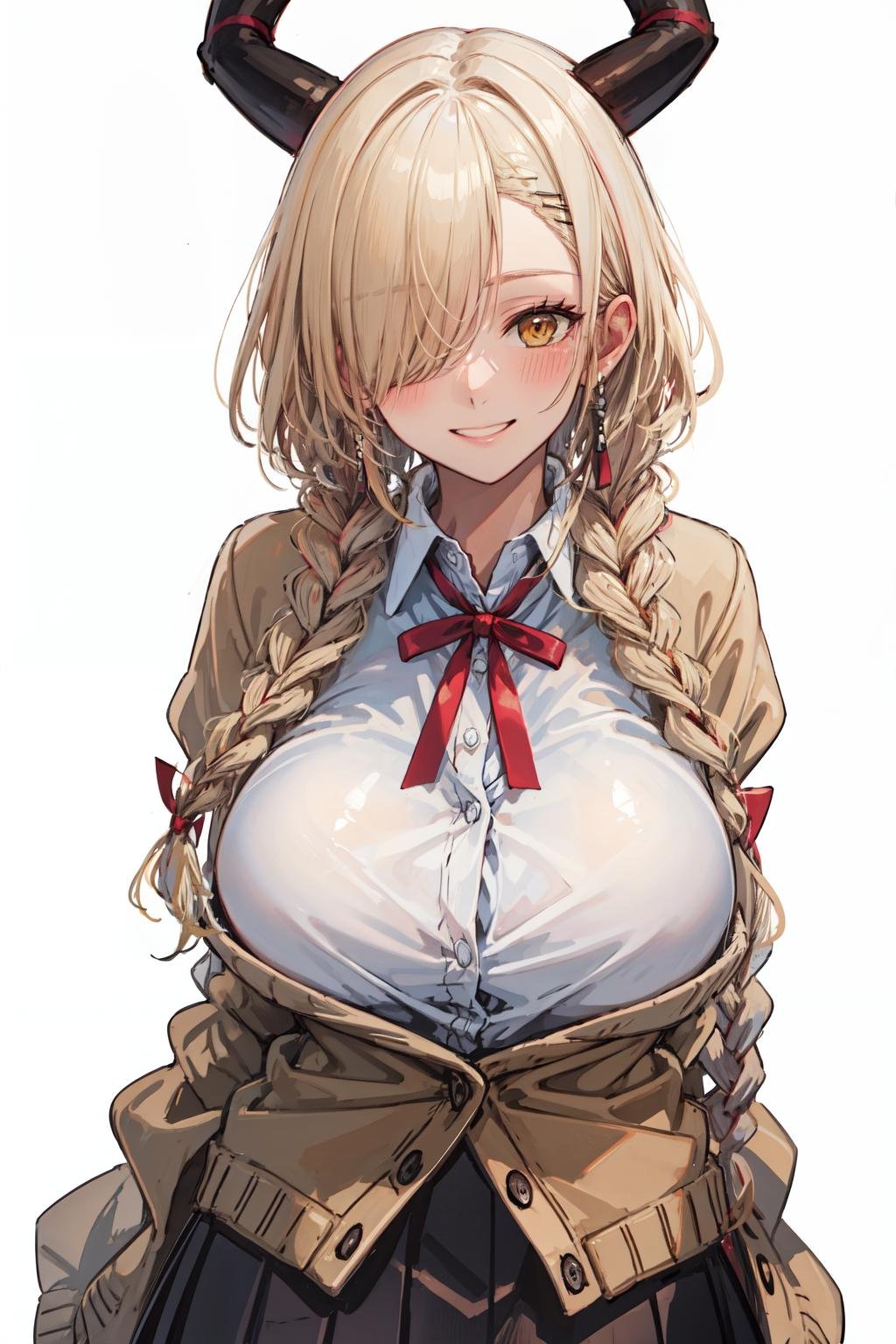 <lora:owari_al:1>owari al, solo, smile, pleated skirt, ribbon, skirt, school uniform, white background, blush, cardigan, large breasts, horns, 1girl, looking at viewer, shirt, white shirt, braid, black skirt, blonde hair, collared shirt, yellow eyes, arms behind back, simple background, huge breasts, single braid, long hair, red ribbon, hair over one eye